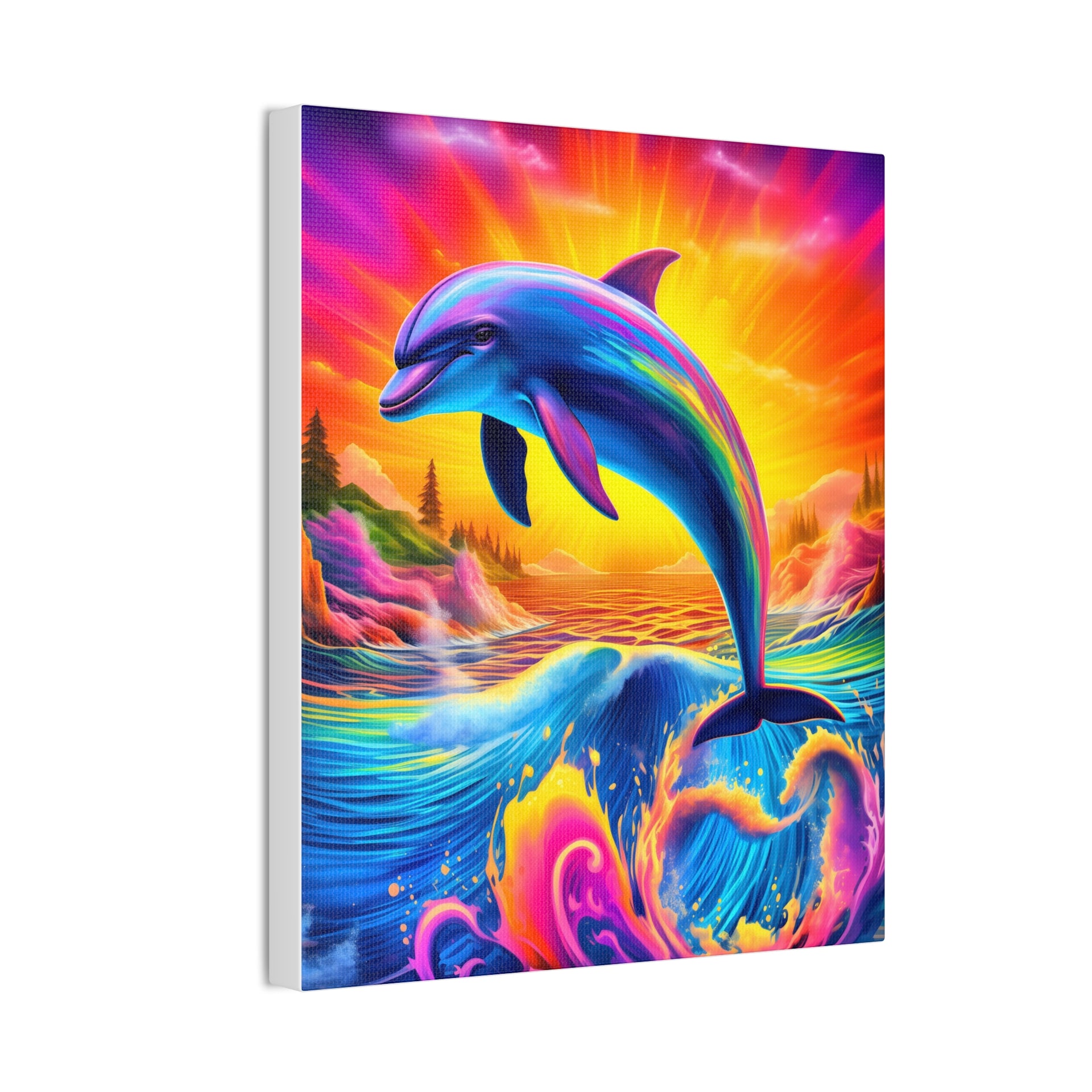 Ride the Waves of Imagination: Psychedelic Dolphin Rainbow Canvas Stretched, 0.75"