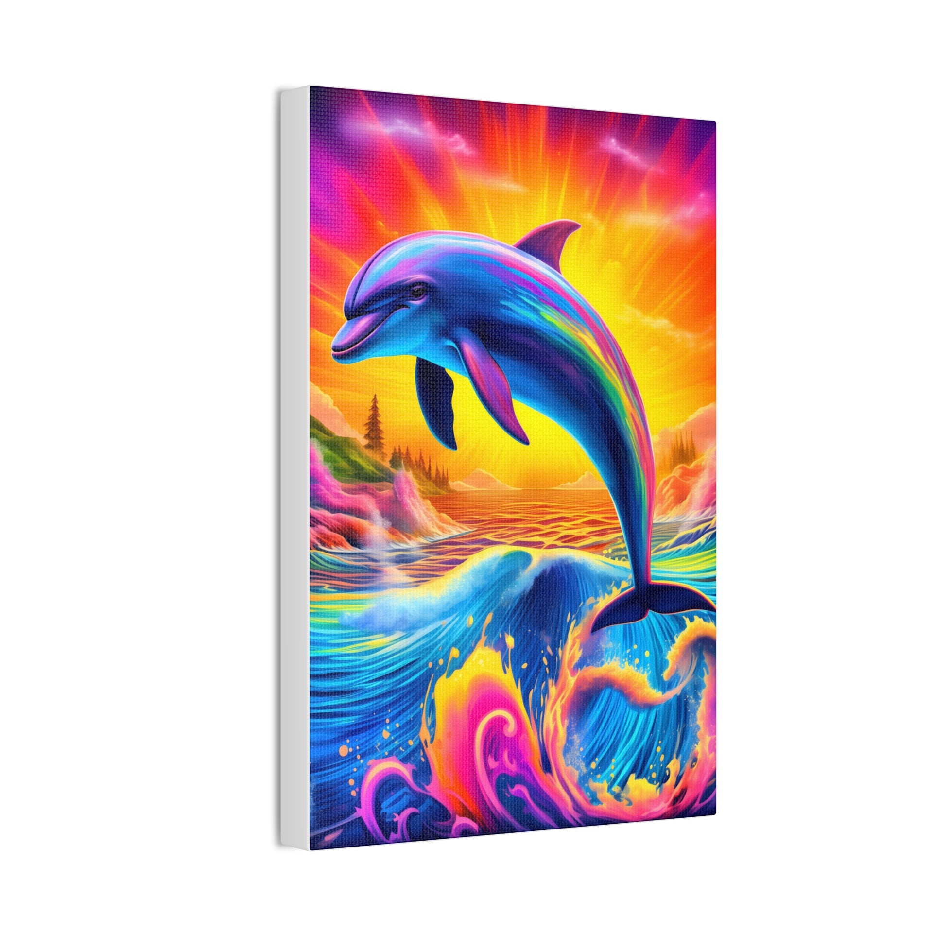 Ride the Waves of Imagination: Psychedelic Dolphin Rainbow Canvas Stretched, 0.75"