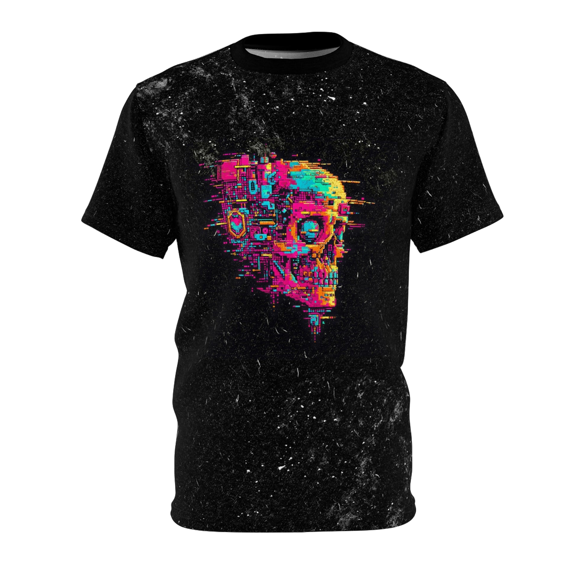 Pixelated Power: Cyborg Skull Art - A Blast from the Retro-Tech Future Unisex Cut & Sew Tee (AOP)