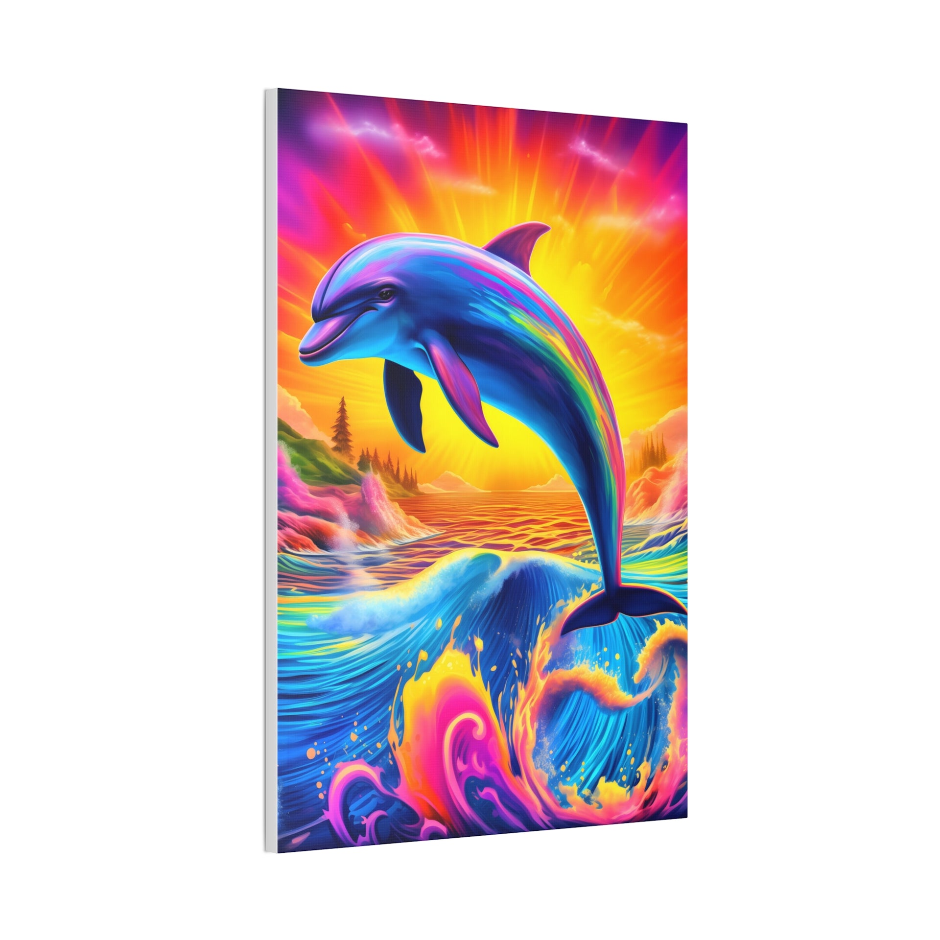 Ride the Waves of Imagination: Psychedelic Dolphin Rainbow Canvas Stretched, 0.75"