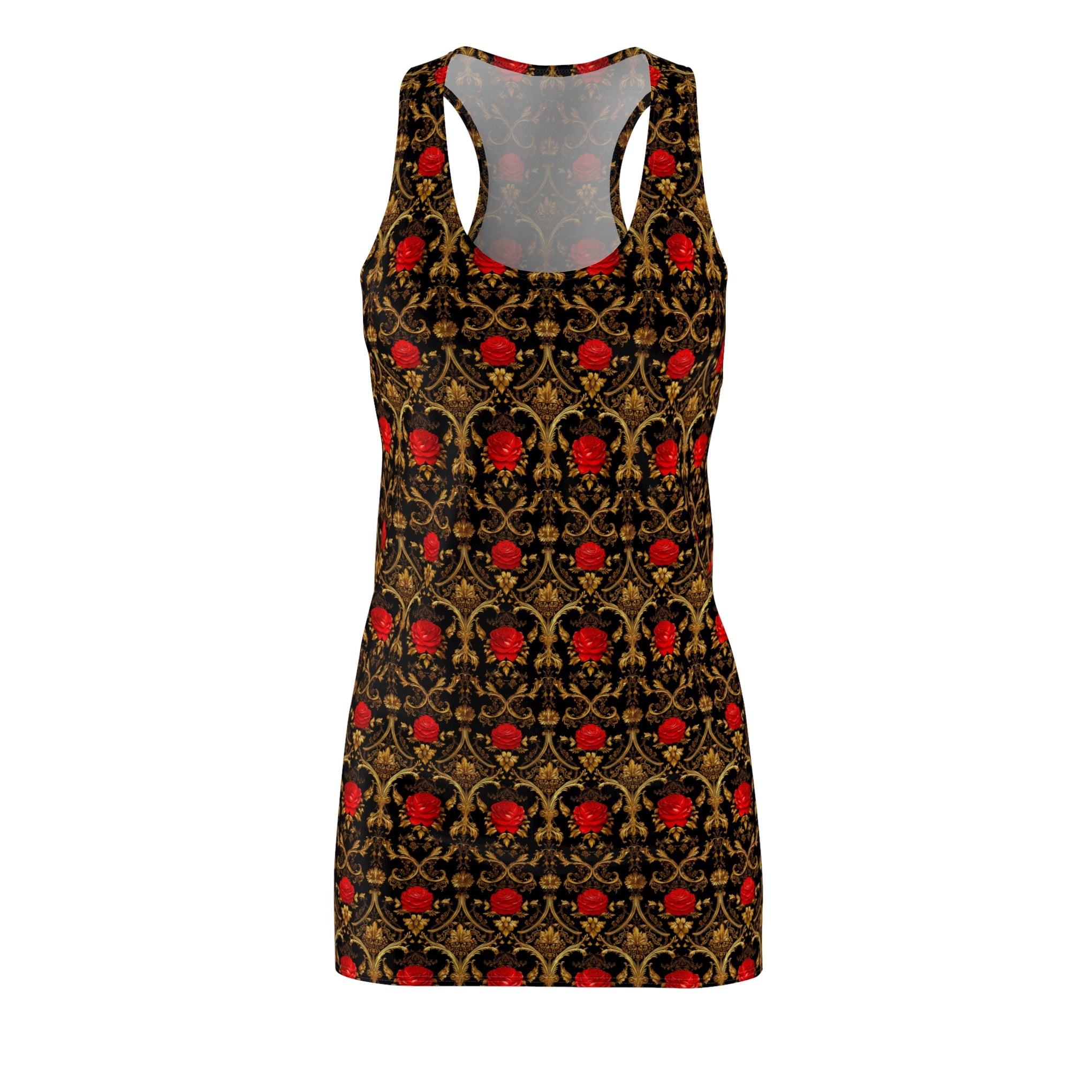 Vintage Red Rose & Gold Damask Women's Racerback Dress