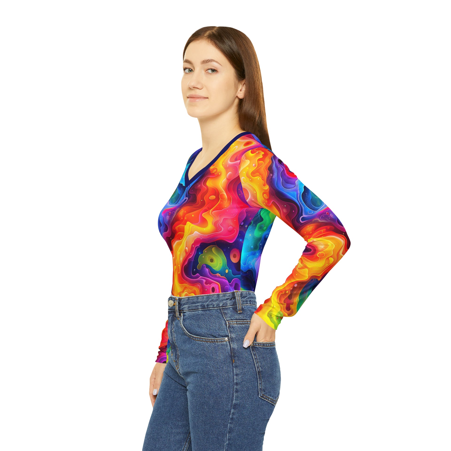 Radiant Rainbow Delight: Lisa Frank Inspired Long Sleeve V-neck for Vibrant Souls! | Women's Long Sleeve V-neck Shirt (AOP)