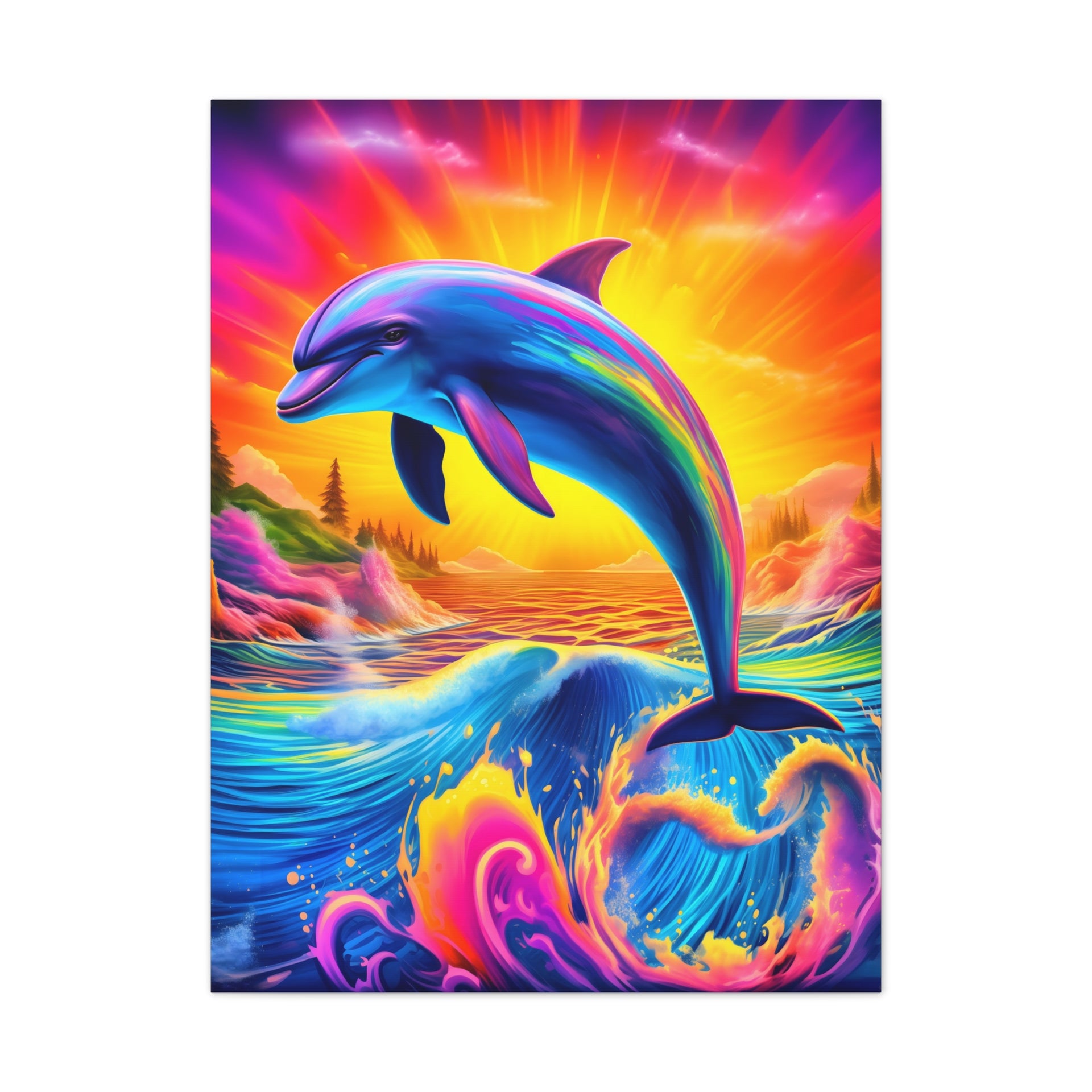 Ride the Waves of Imagination: Psychedelic Dolphin Rainbow Canvas Stretched, 0.75"