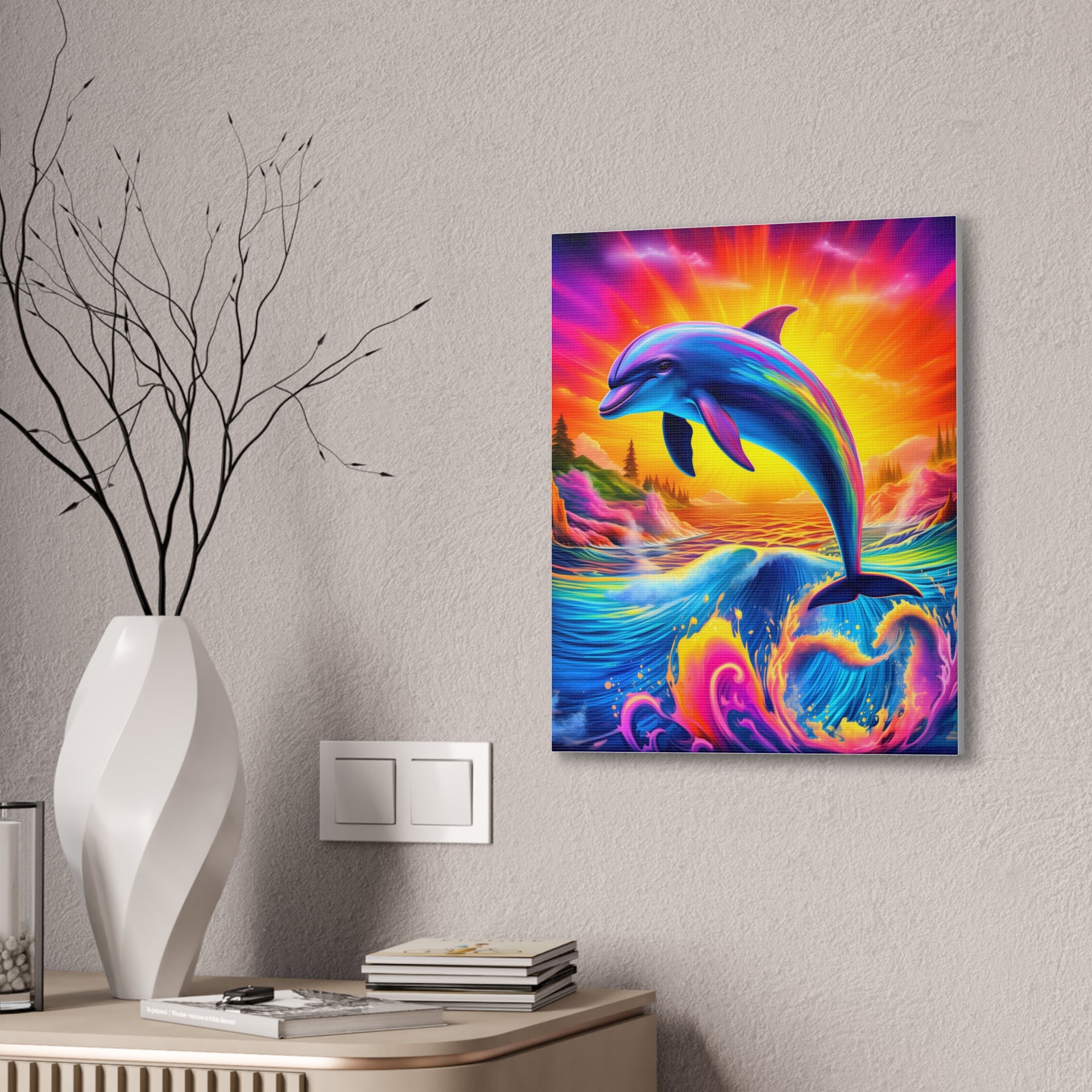 Ride the Waves of Imagination: Psychedelic Dolphin Rainbow Canvas Stretched, 0.75"