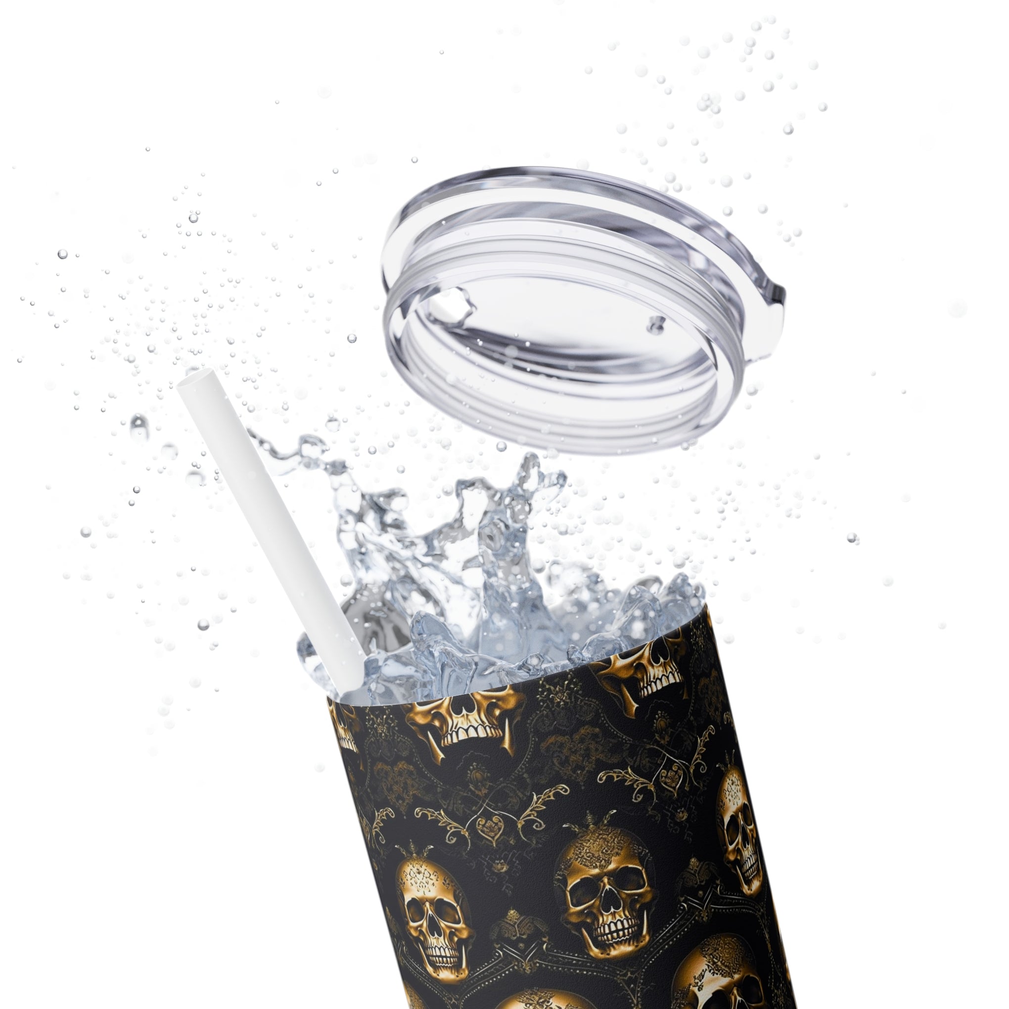 Elegance Meets Edge: The Sparkling Skull Skinny Tumbler with Straw, 20oz