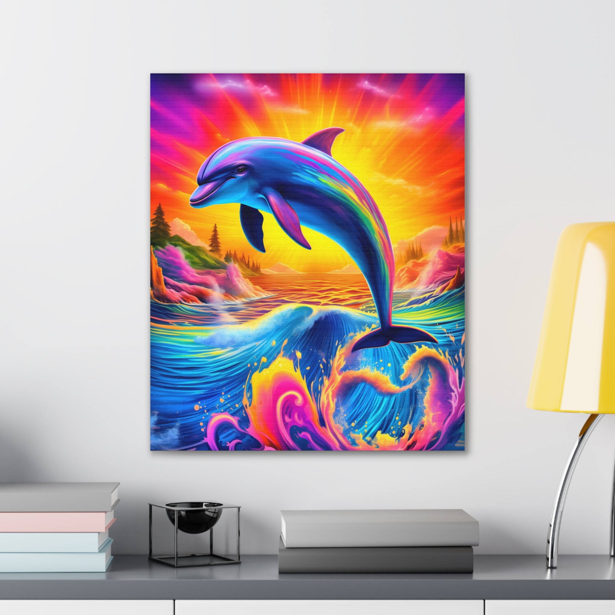 Ride the Waves of Imagination: Psychedelic Dolphin Rainbow Canvas Stretched, 0.75"