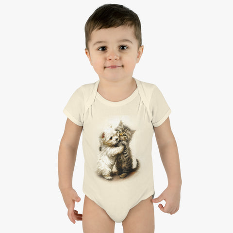 Playful Pals Infant Baby Rib Bodysuit: Cute White Dog and Furry Cat Design | Infant Baby Rib Bodysuit