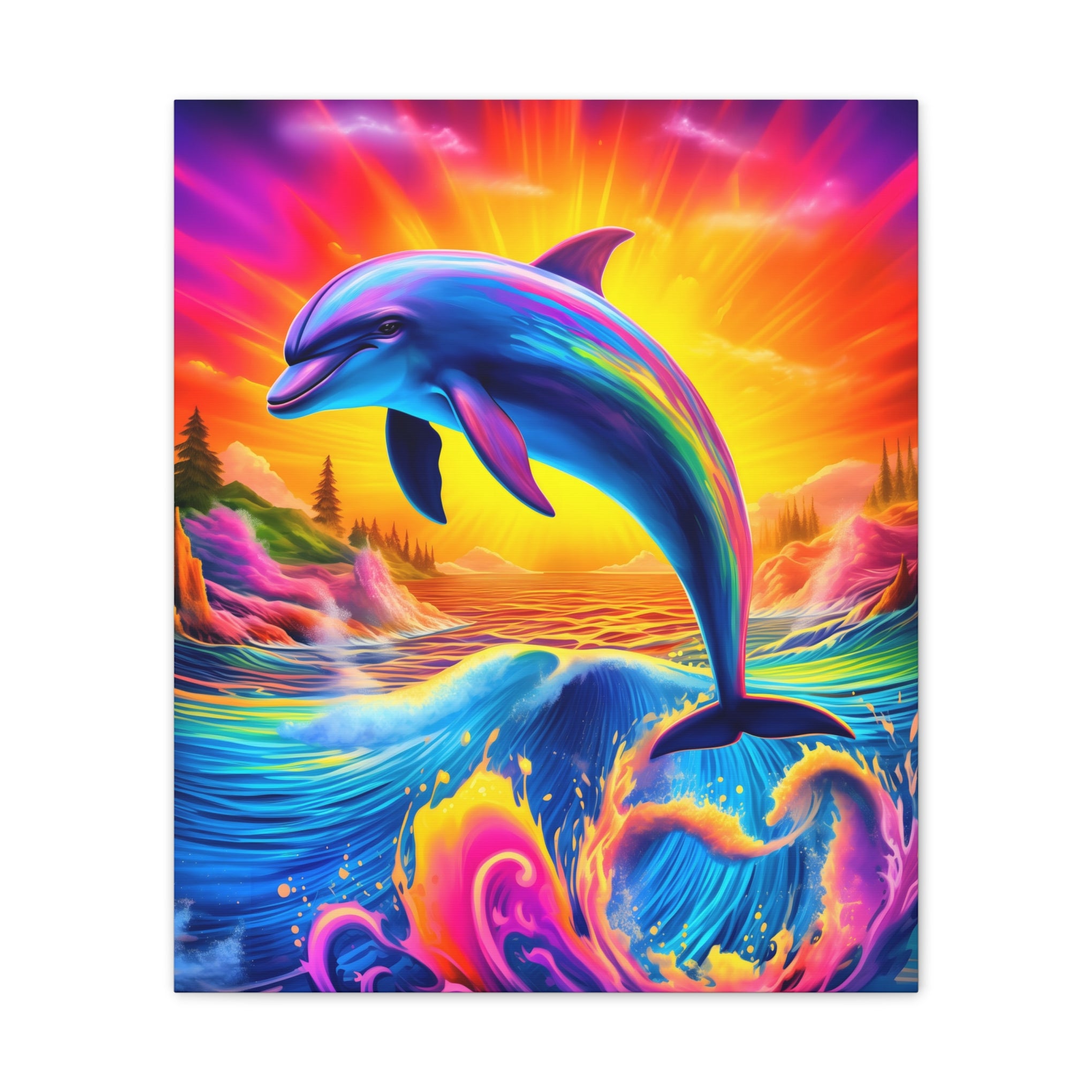 Ride the Waves of Imagination: Psychedelic Dolphin Rainbow Canvas Stretched, 0.75"