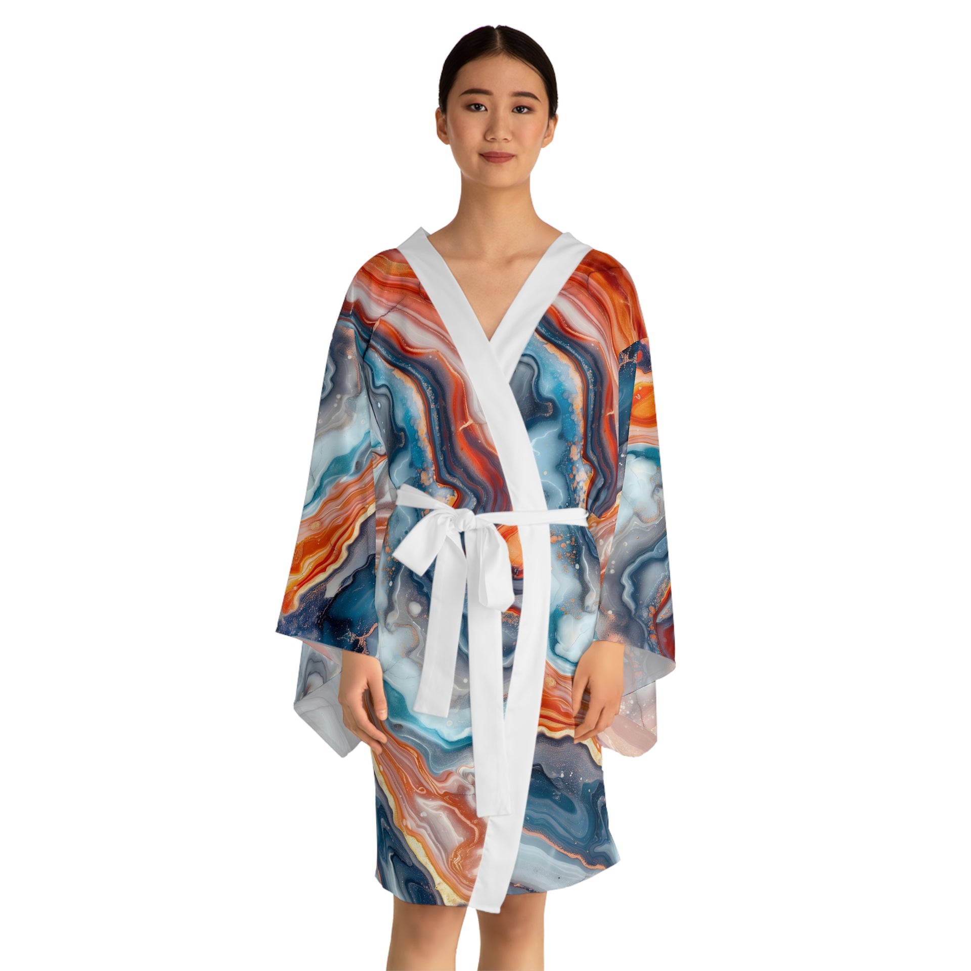 Unveiling Beauty: Immerse Yourself in Impressionistic Marble with This Luxe Kimono Robe | Long Sleeve Kimono Robe (AOP)