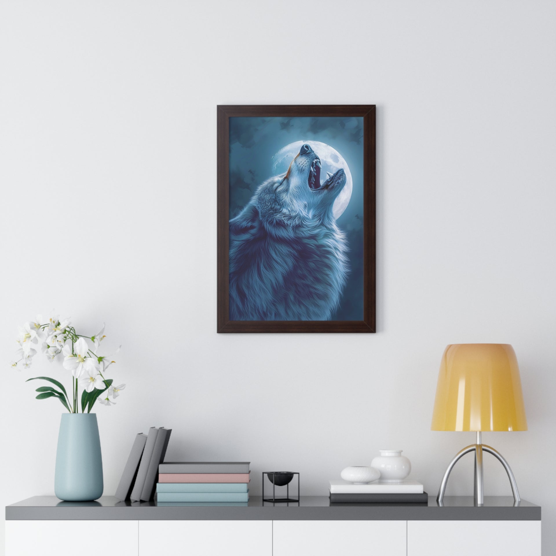 Midnight Howl: Epic Fantasy Wolf Poster Framed Vertical Poster