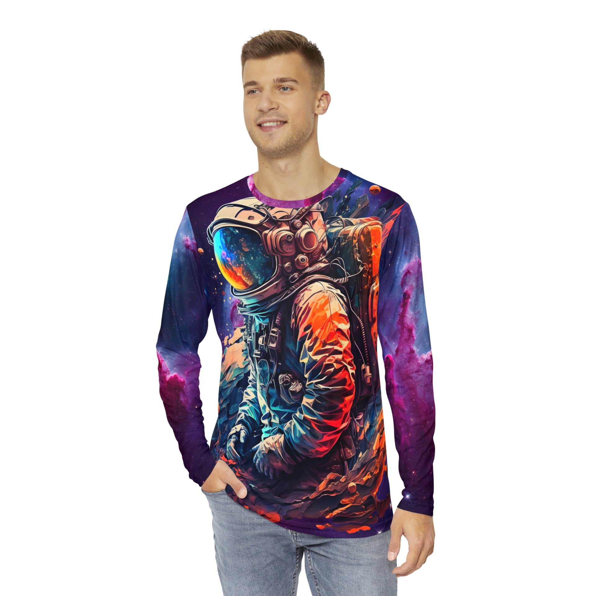 Starstruck Voyager: Explore the Cosmos in This Glowing Astronaut Longsleeve | Men's Long Sleeve Shirt (AOP)