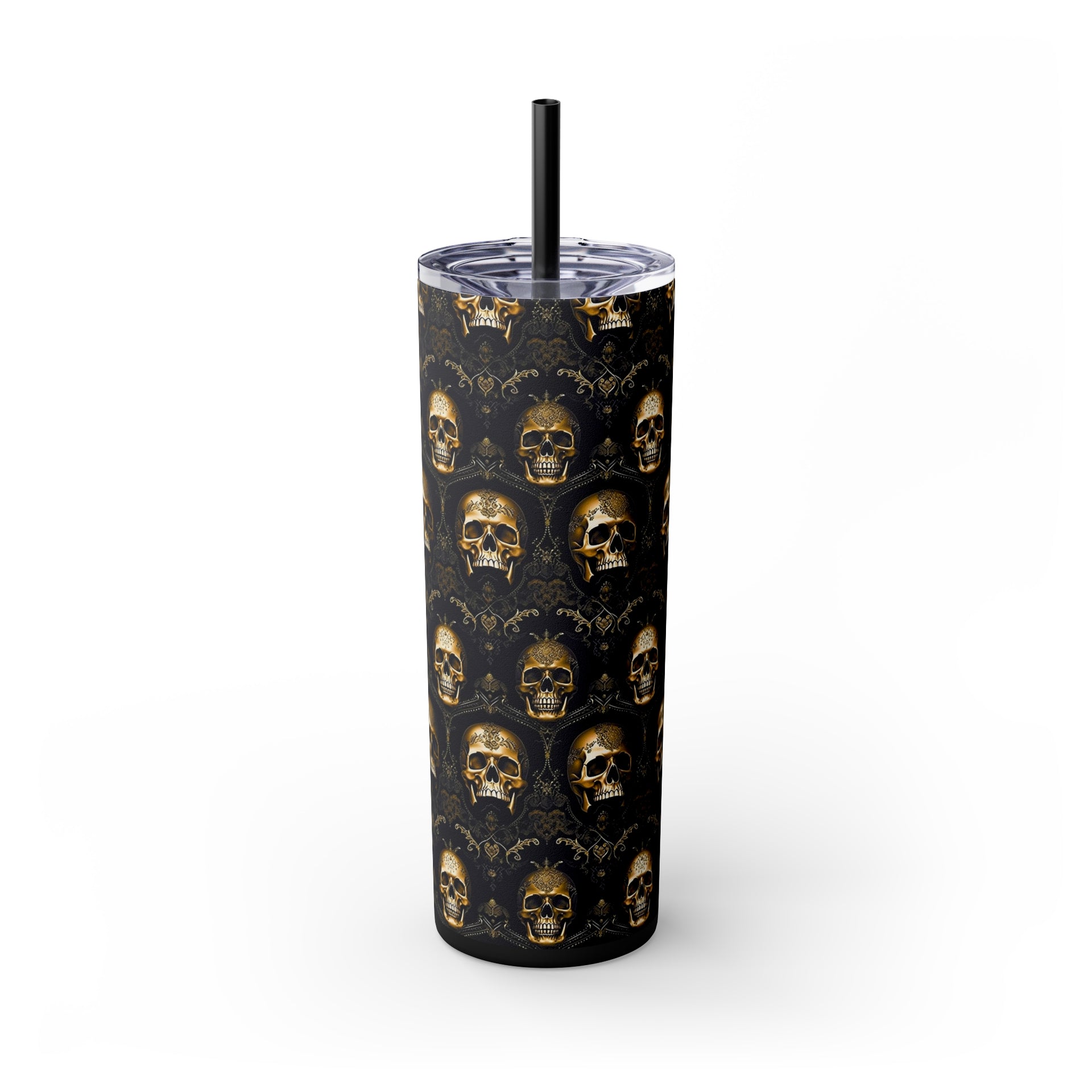 Elegance Meets Edge: The Sparkling Skull Skinny Tumbler with Straw, 20oz