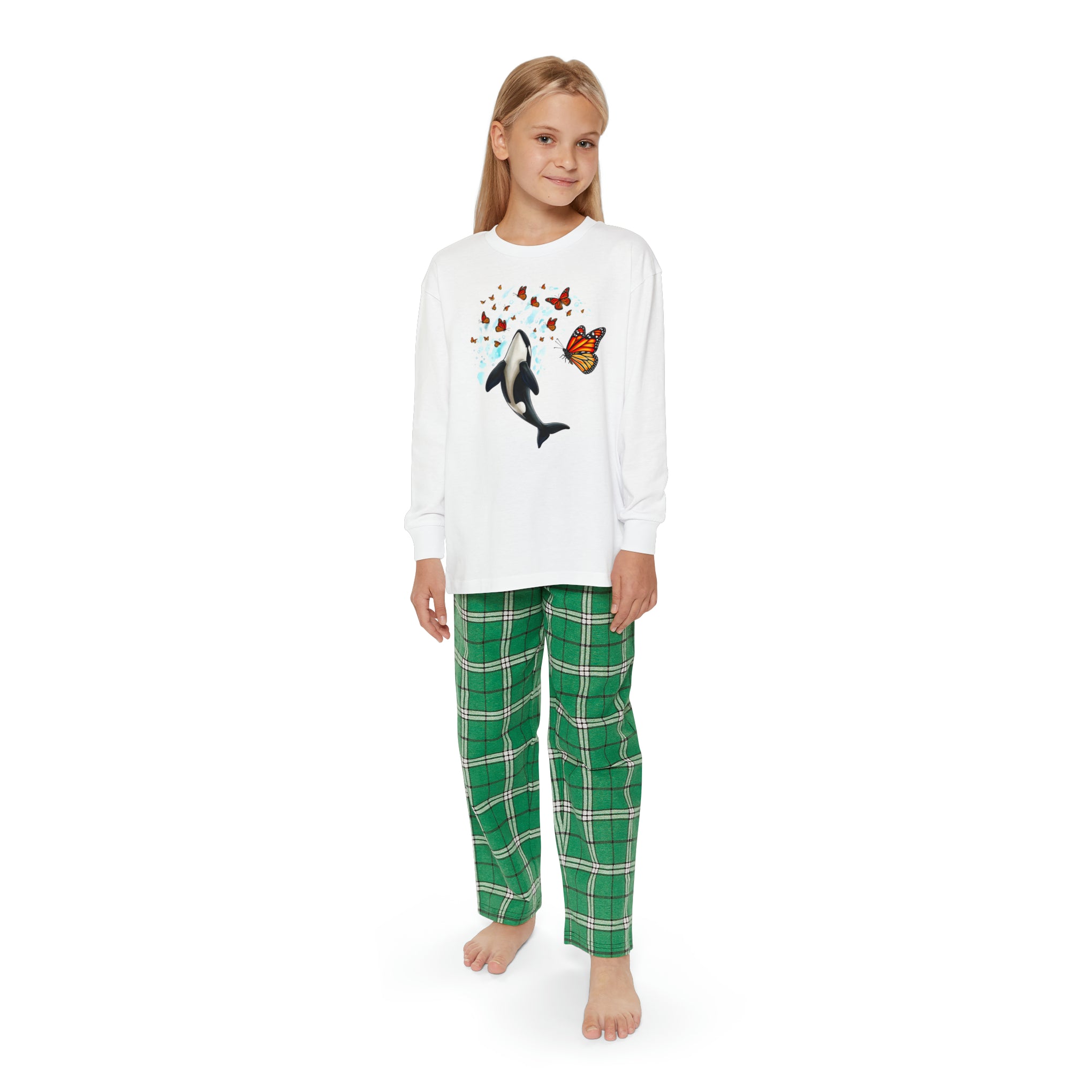 Majestic Harmony: Orca and Monarch Butterfly Youth Holiday Outfit Set | Youth Long Sleeve Holiday Outfit Set