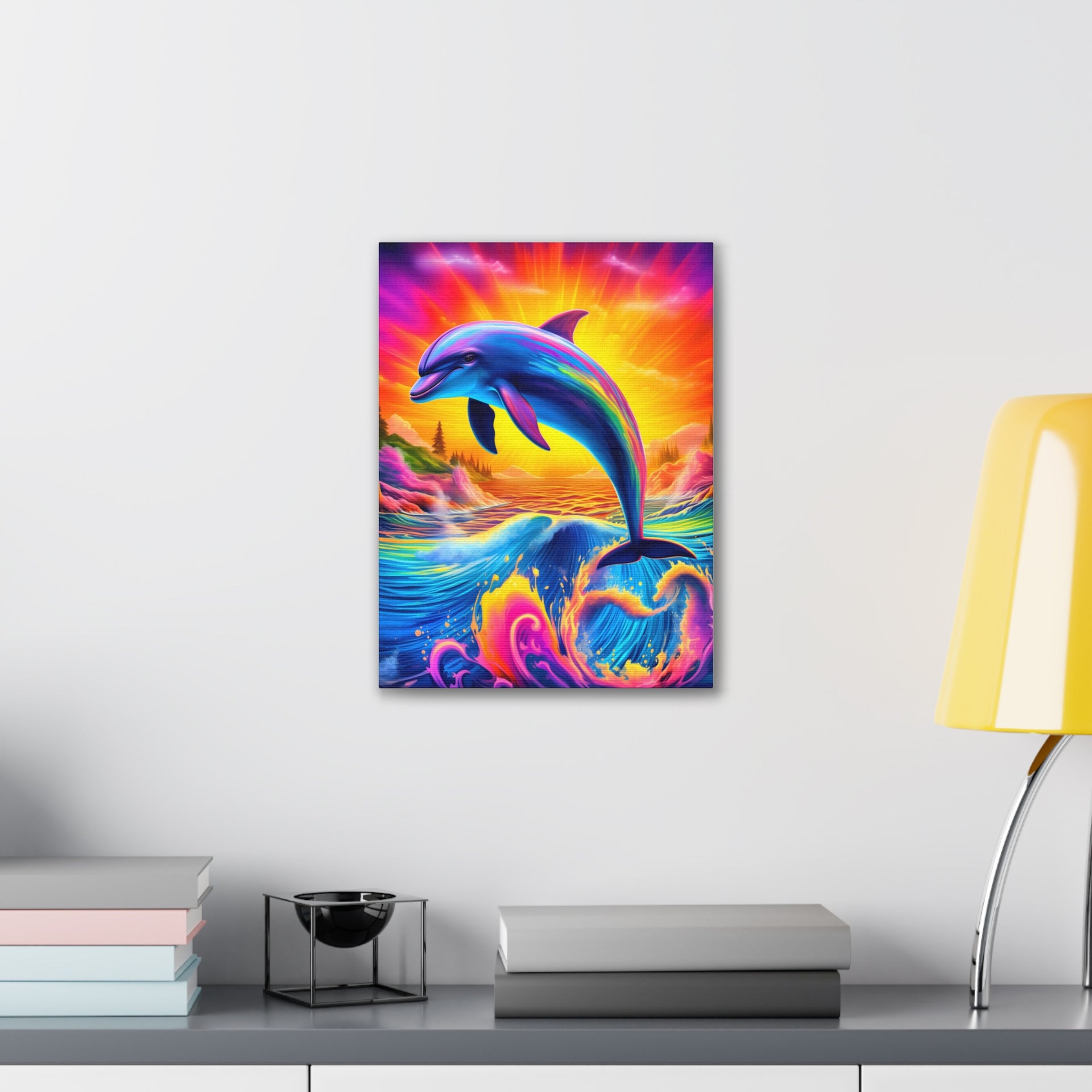 Ride the Waves of Imagination: Psychedelic Dolphin Rainbow Canvas Stretched, 0.75"