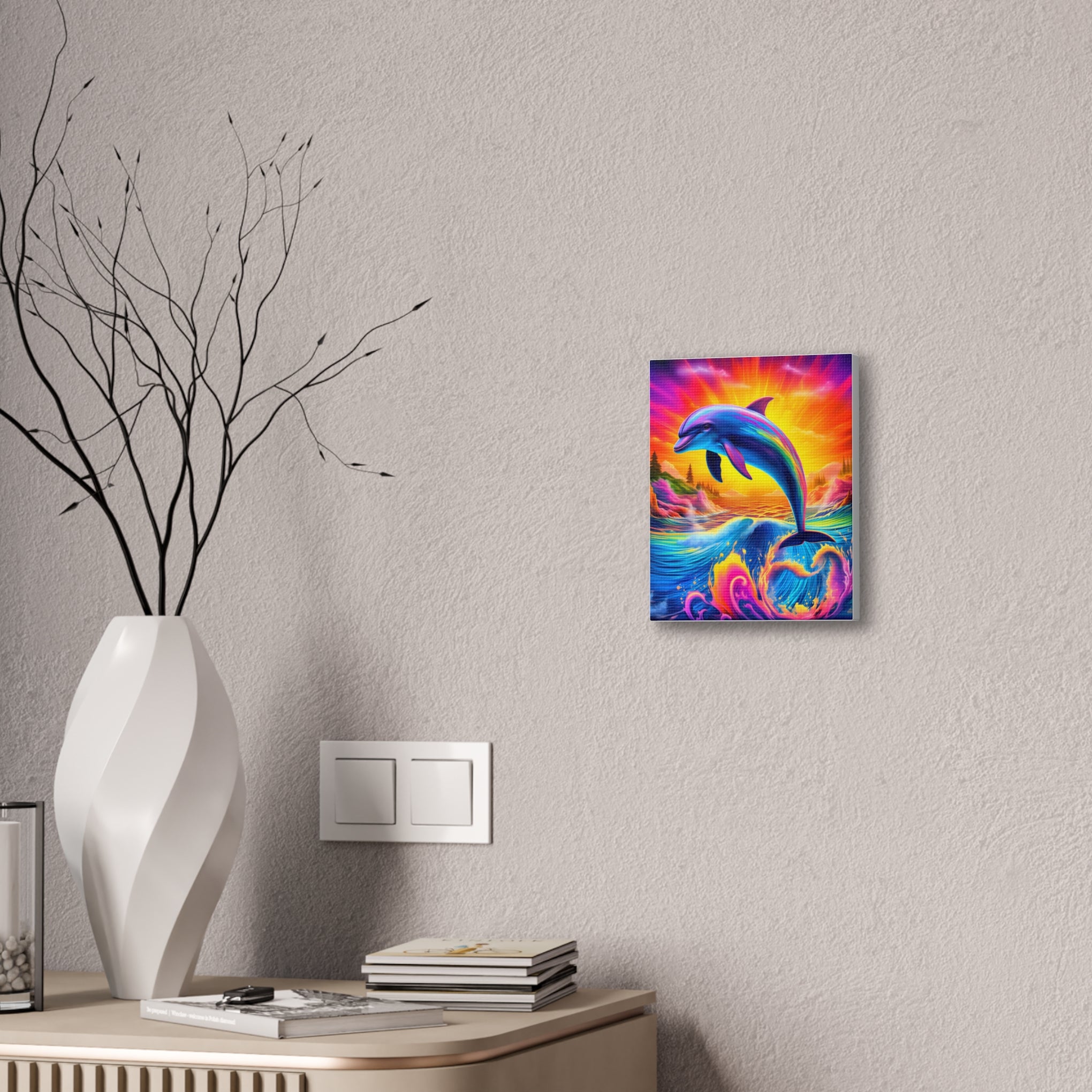 Ride the Waves of Imagination: Psychedelic Dolphin Rainbow Canvas Stretched, 0.75"