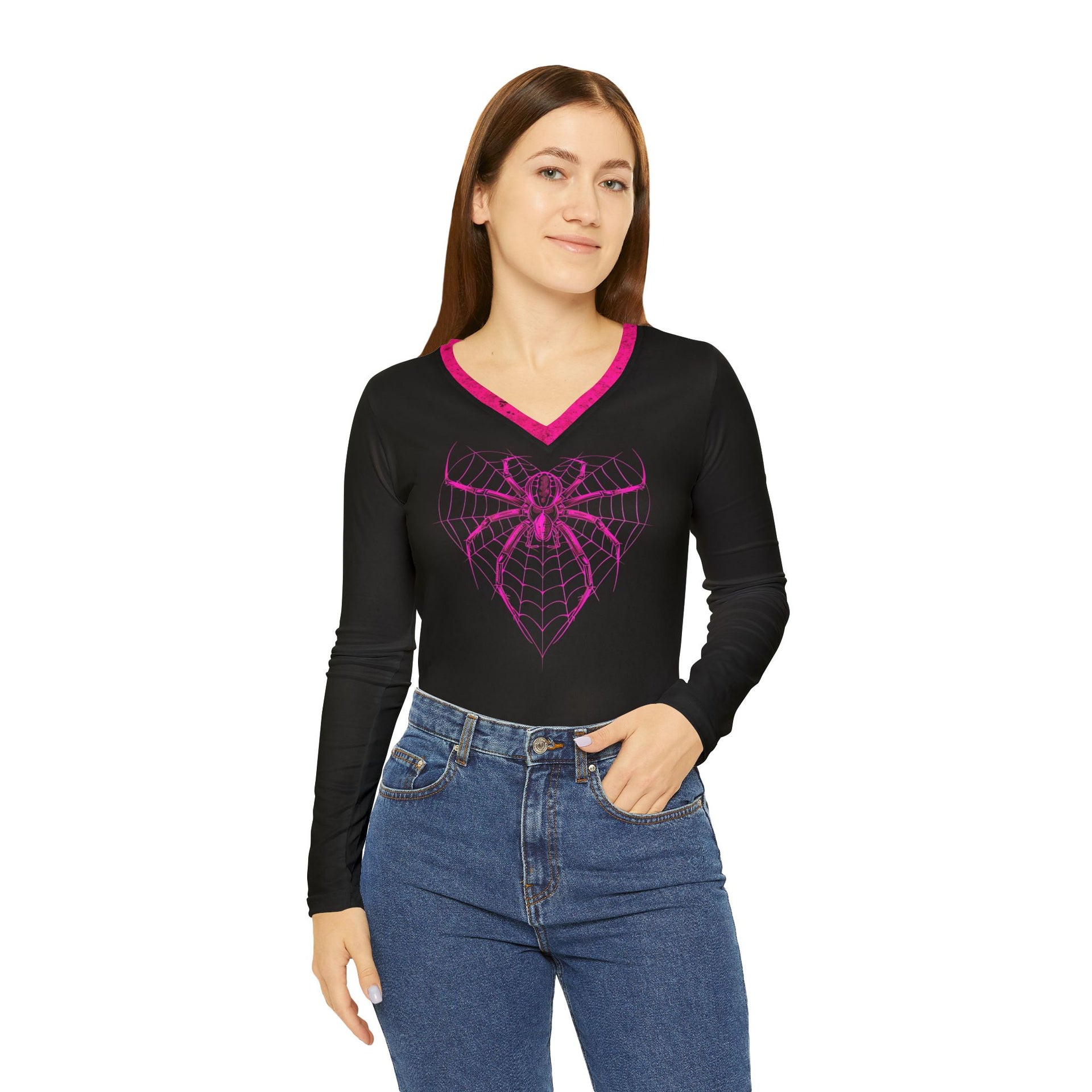 Neon Night Hunter: Stellar Spider Tee - Embrace Your Power Women's Long Sleeve V-neck Shirt (AOP)