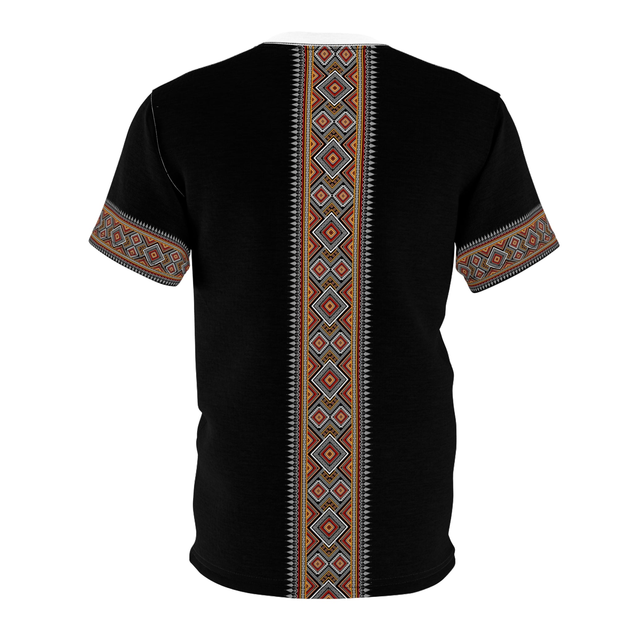 Ethiopian Diamond Symphony: Unisex Cut & Sew Tee with Vibrant Geometric Patterns