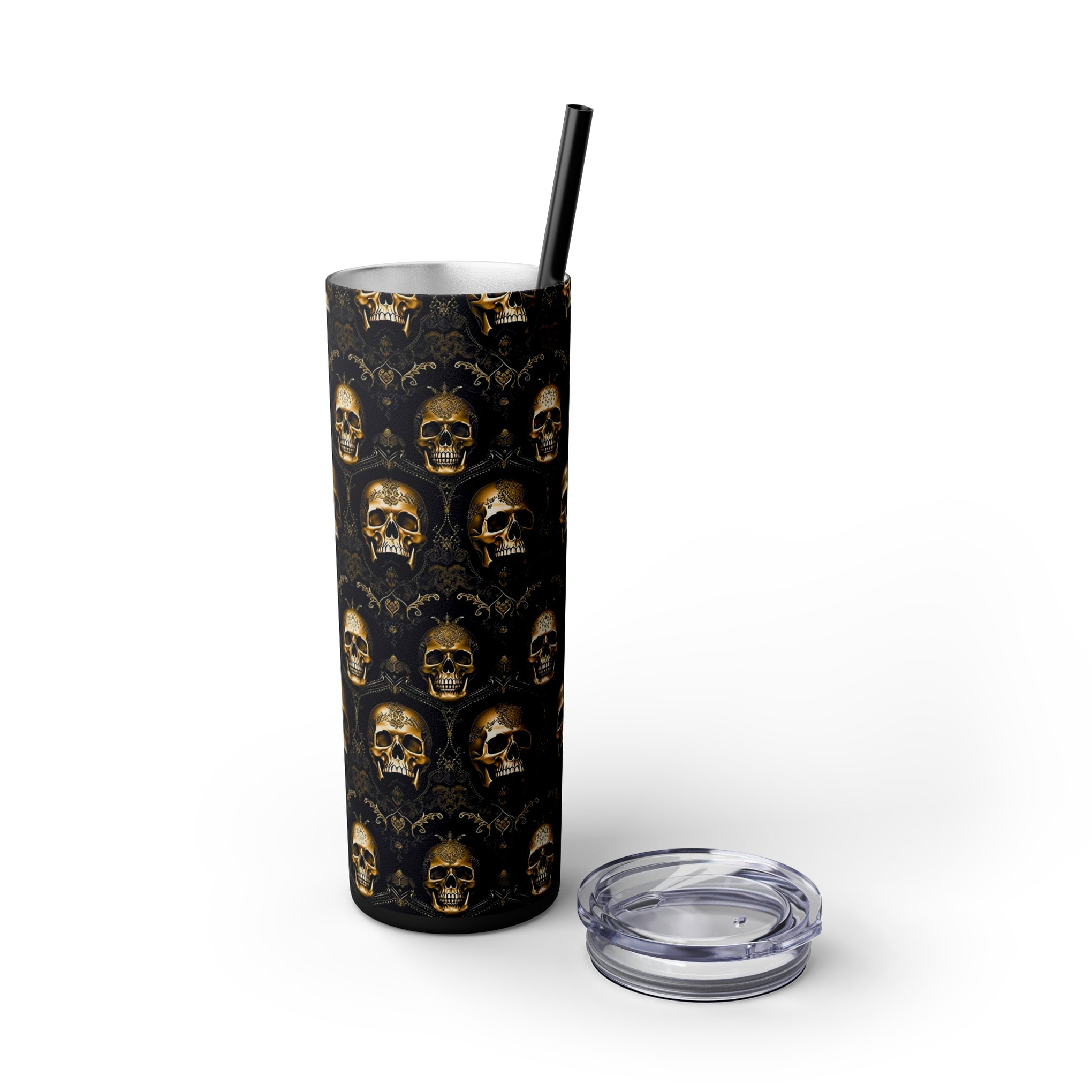 Elegance Meets Edge: The Sparkling Skull Skinny Tumbler with Straw, 20oz