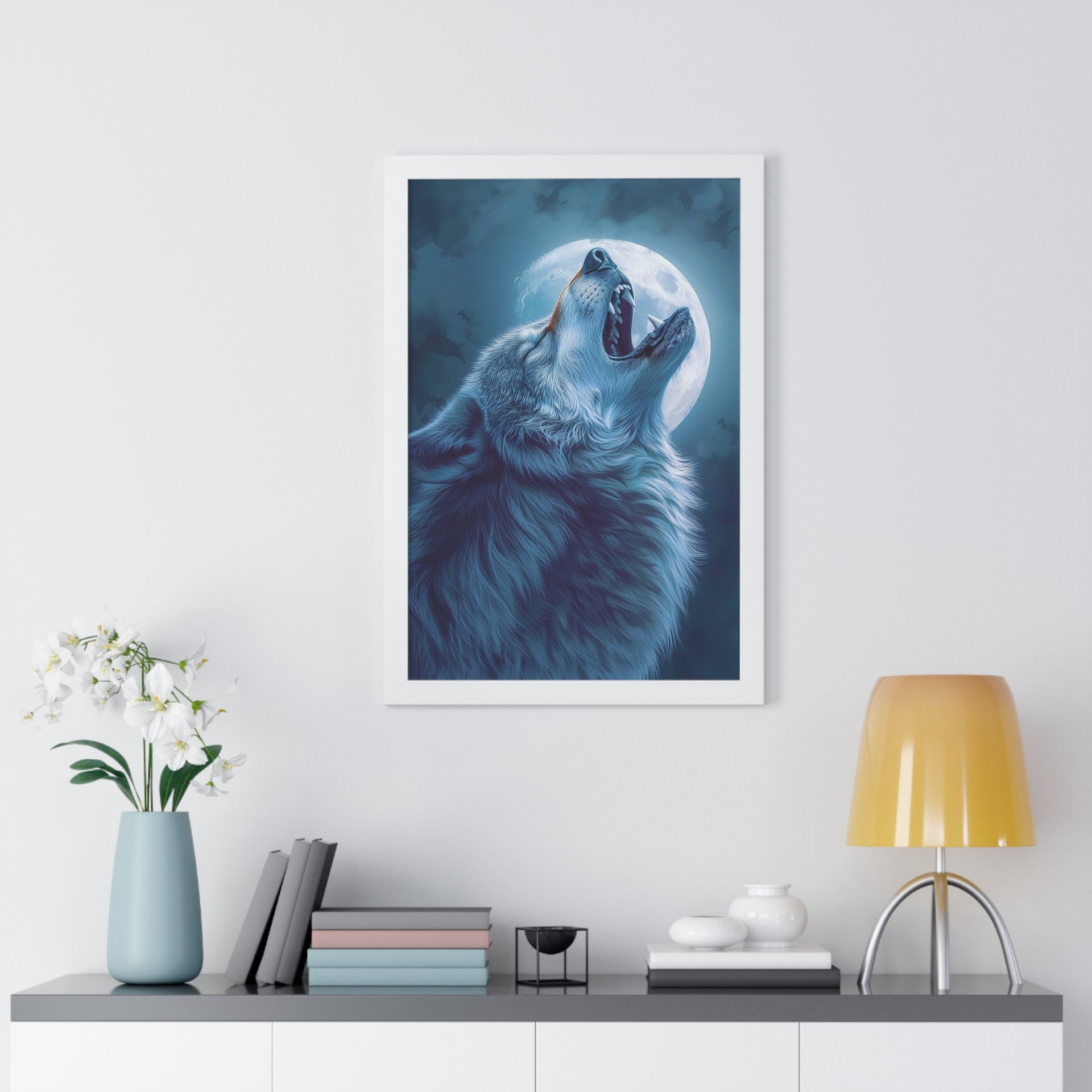 Midnight Howl: Epic Fantasy Wolf Poster Framed Vertical Poster