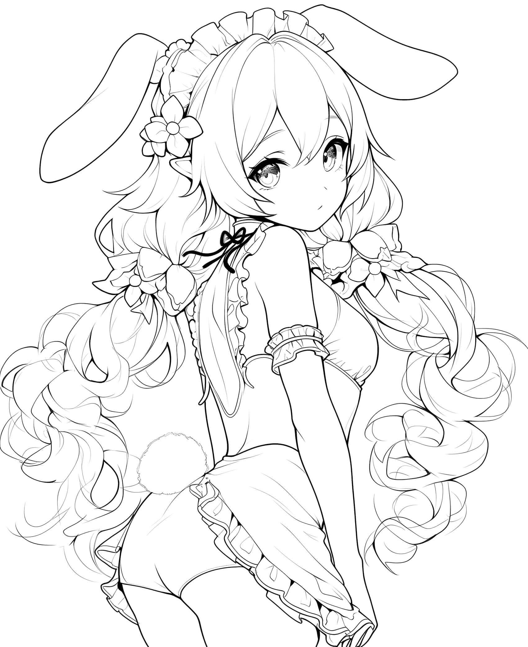 Adorable anime bunny girl waifu with long floral pigtails, ruffled headband and bunny ears, wearing a frilly bikini top and apron skirt with a pom-pom tail, looking back with a shy blush – coloring page digital download.