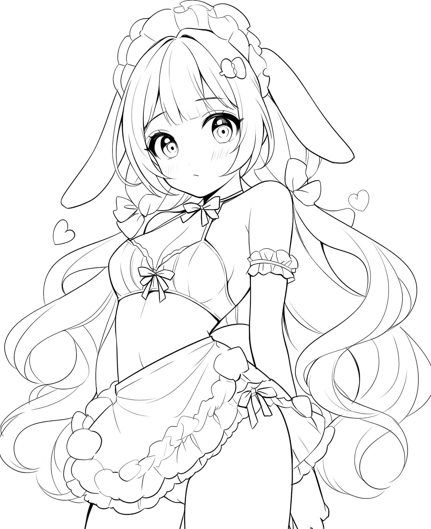 Adorable anime bunny girl waifu with long pigtails and bows, ruffled headband and bunny ears, wearing frilly lingerie with an apron skirt, pom-poms, and floating hearts, blushing sweetly – coloring page digital download.