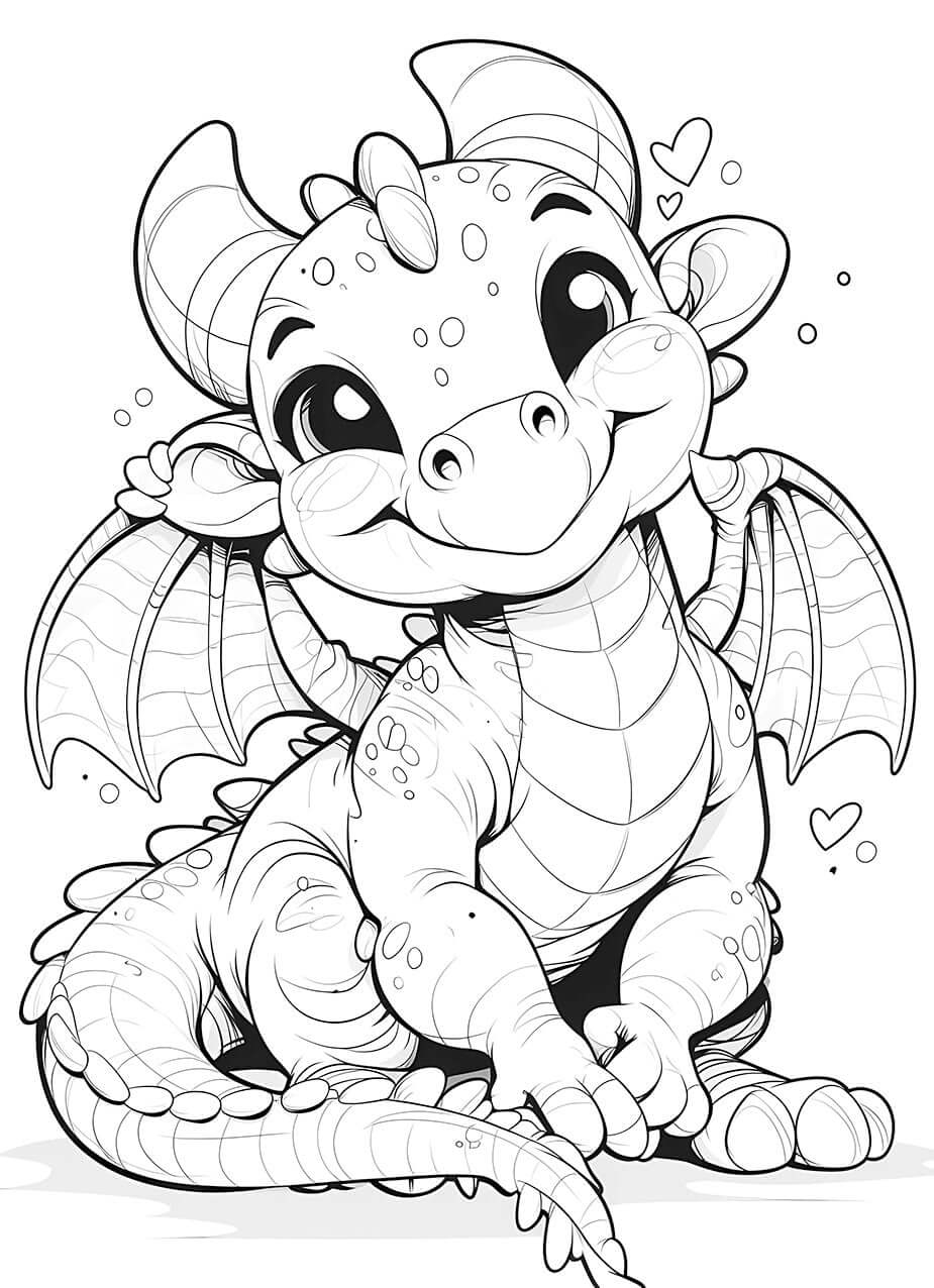 Cute baby dragon coloring page with hearts, perfect for kids' creativity and fun activities.