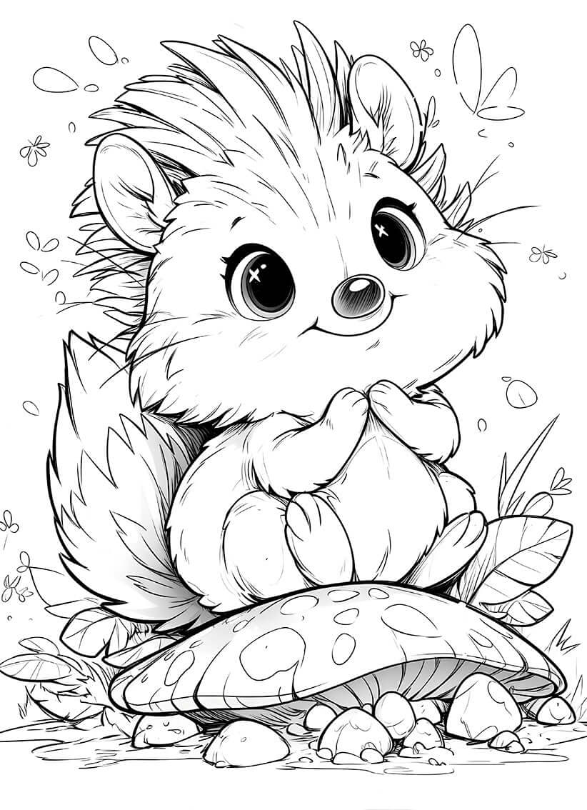 Cute hedgehog sitting on a mushroom, surrounded by leaves and flowers, perfect for a kids' coloring page.