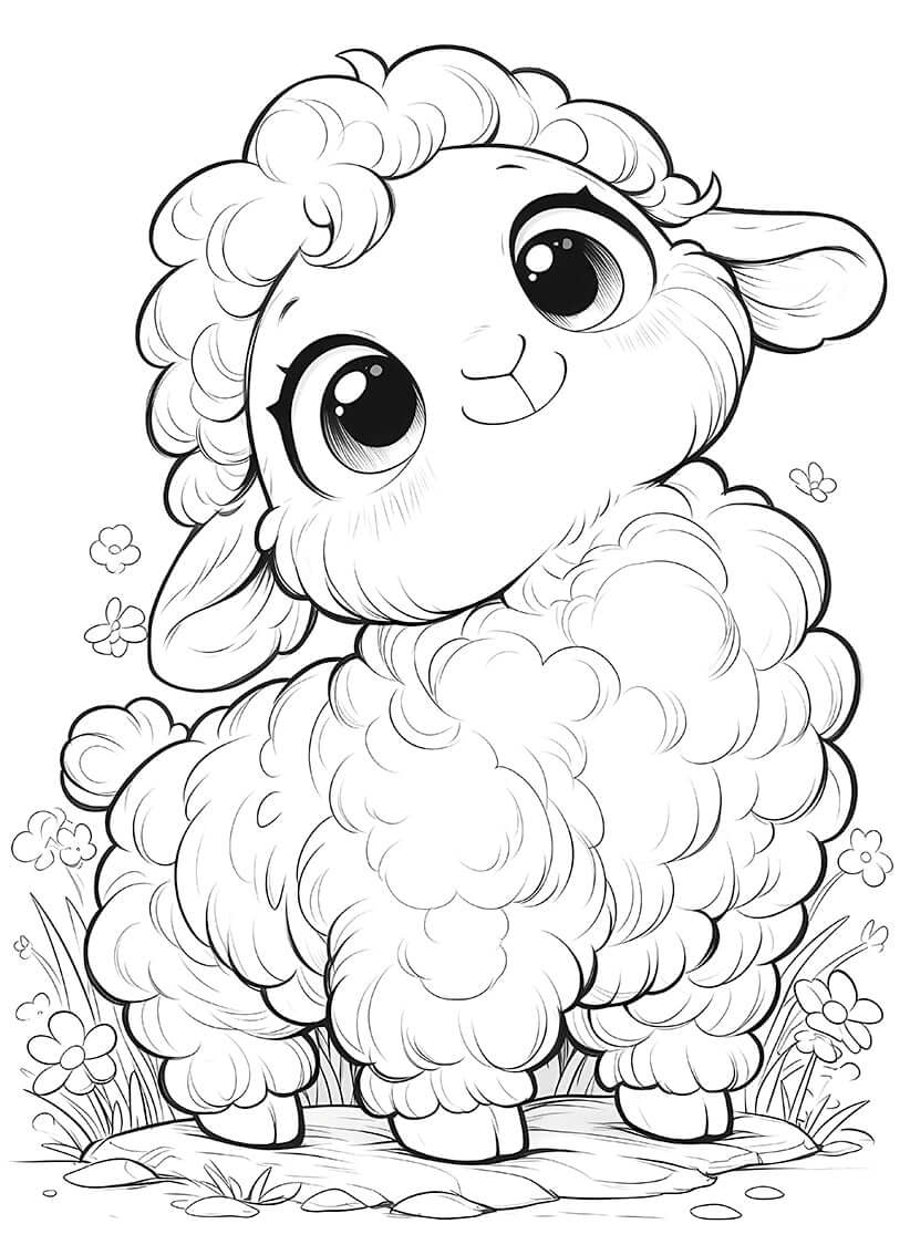 Cute lamb coloring page for kids, featuring an adorable fluffy lamb with big eyes in a playful pose.