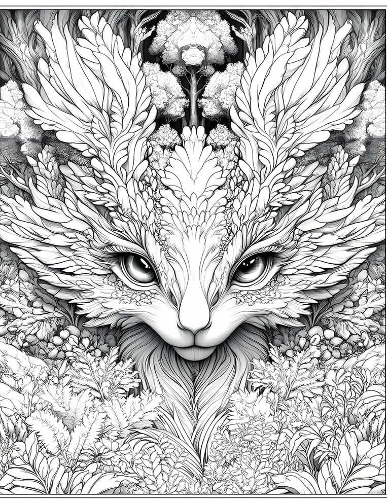 Intricate line art coloring page of an Aetherial Grove Kitsune, a fantasy fox-like spirit with large, detailed leaf-like ears/crests and serene eyes, set in a lush, layered forest with detailed foliage, for adult fantasy coloring.