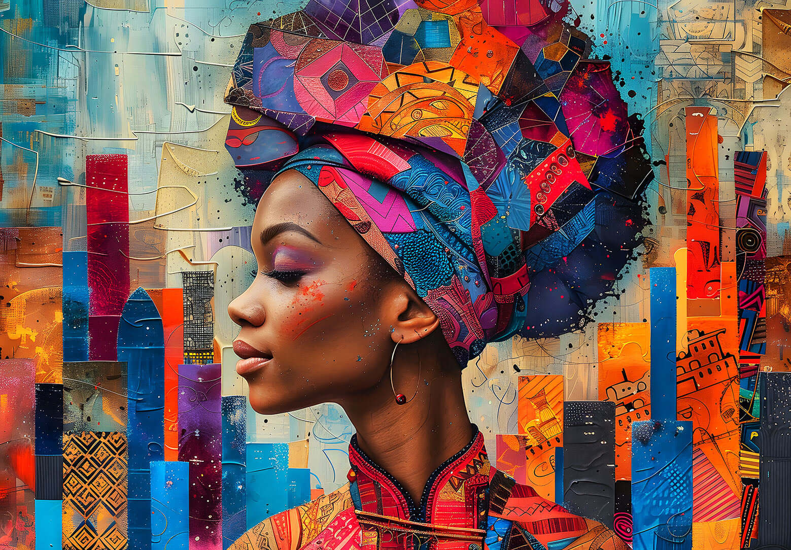 African Queen Art of a beautiful Black woman in profile wearing a colorful headwrap against a textured, abstract cityscape.