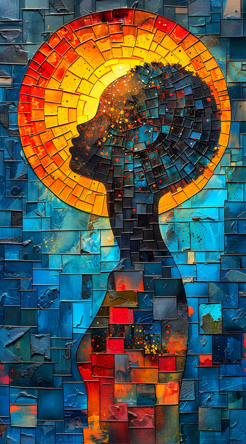 Afrocentric Mosaic Art of a powerful Black silhouette with a cosmic afro set against a radiant golden sun mosaic.