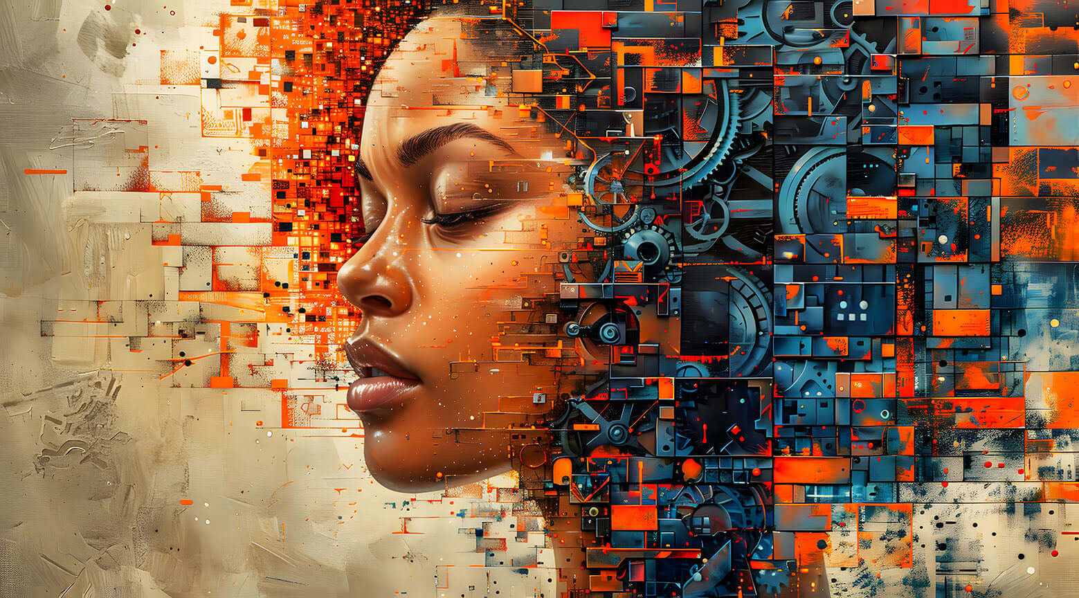 Afrofuturism Wall Art of a woman's face peacefully deconstructing into orange and black mechanical parts.