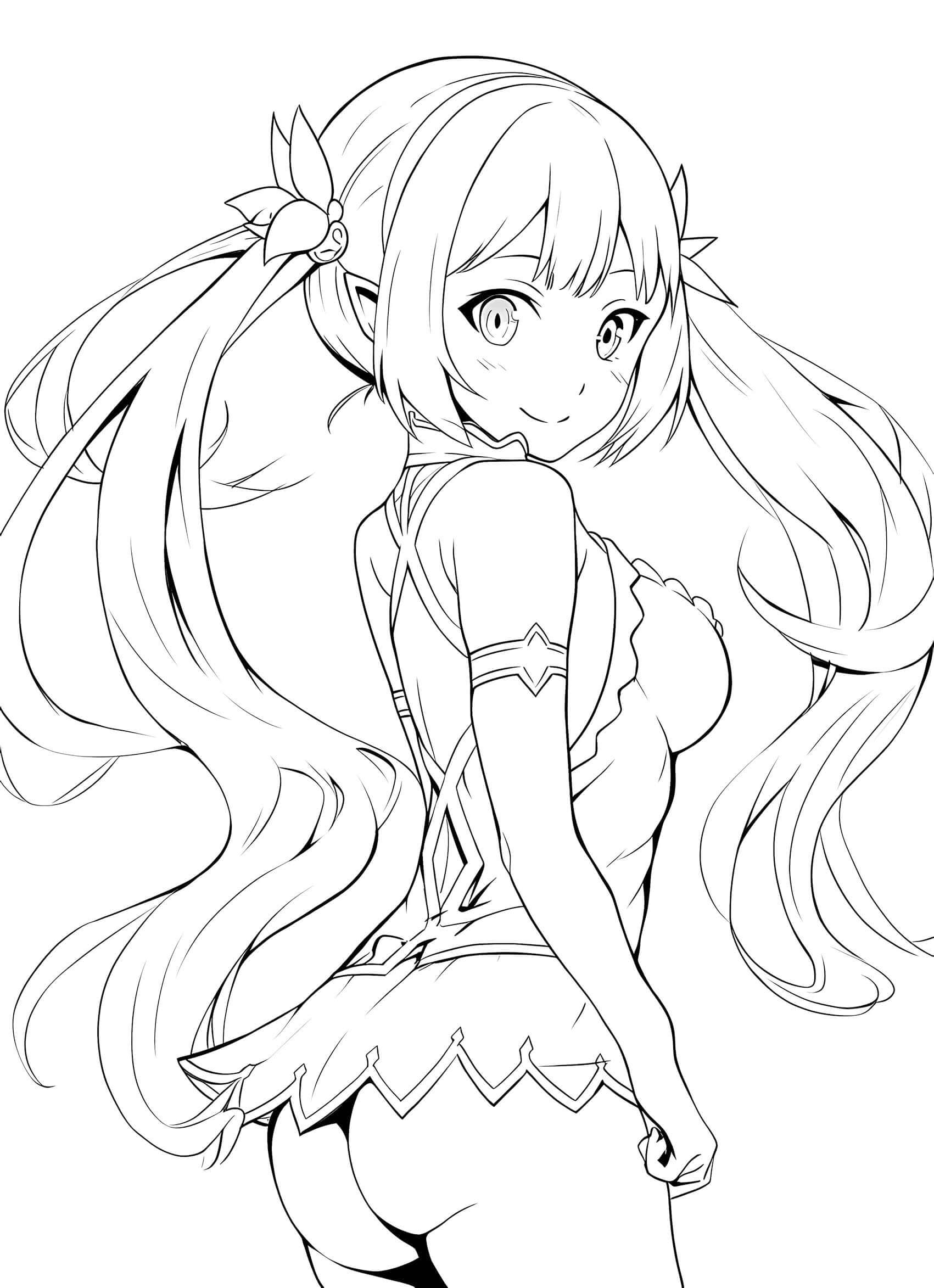 Alluring line art of an anime elf waifu girl with braided pigtails, leaf hair accessories, and detailed fantasy lingerie with corset lacing, looking back playfully – coloring page digital download.