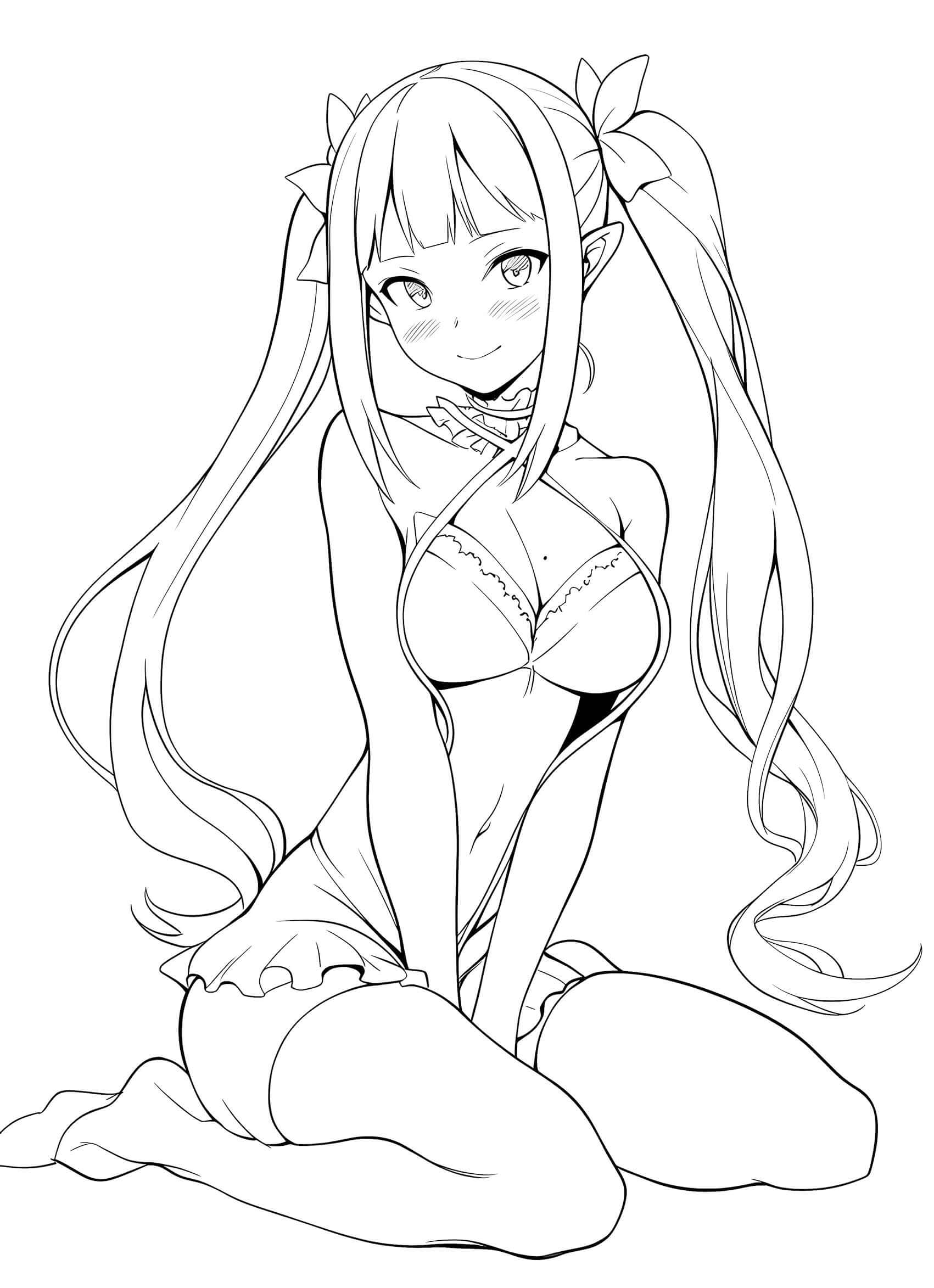 Alluring anime elf waifu girl with long pigtails and leaf hair accessories, kneeling in detailed fantasy lingerie with a ruffled skirt, blushing and smiling – coloring page digital download.