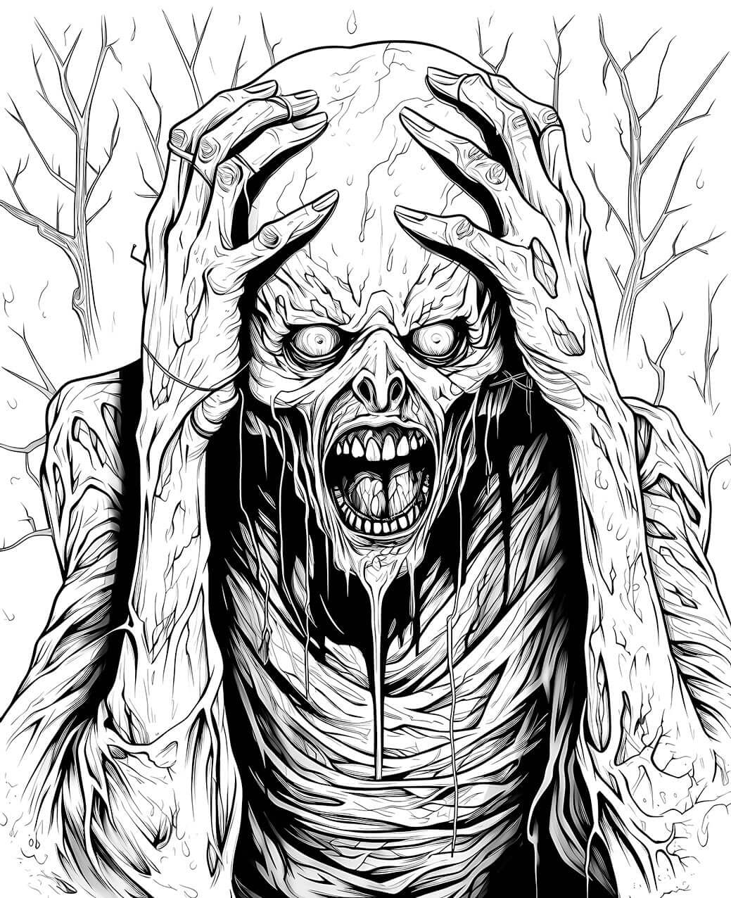A detailed horror coloring page of an anguished zombie screaming and clutching its decaying head in torment, set against a background of desolate, barren trees.