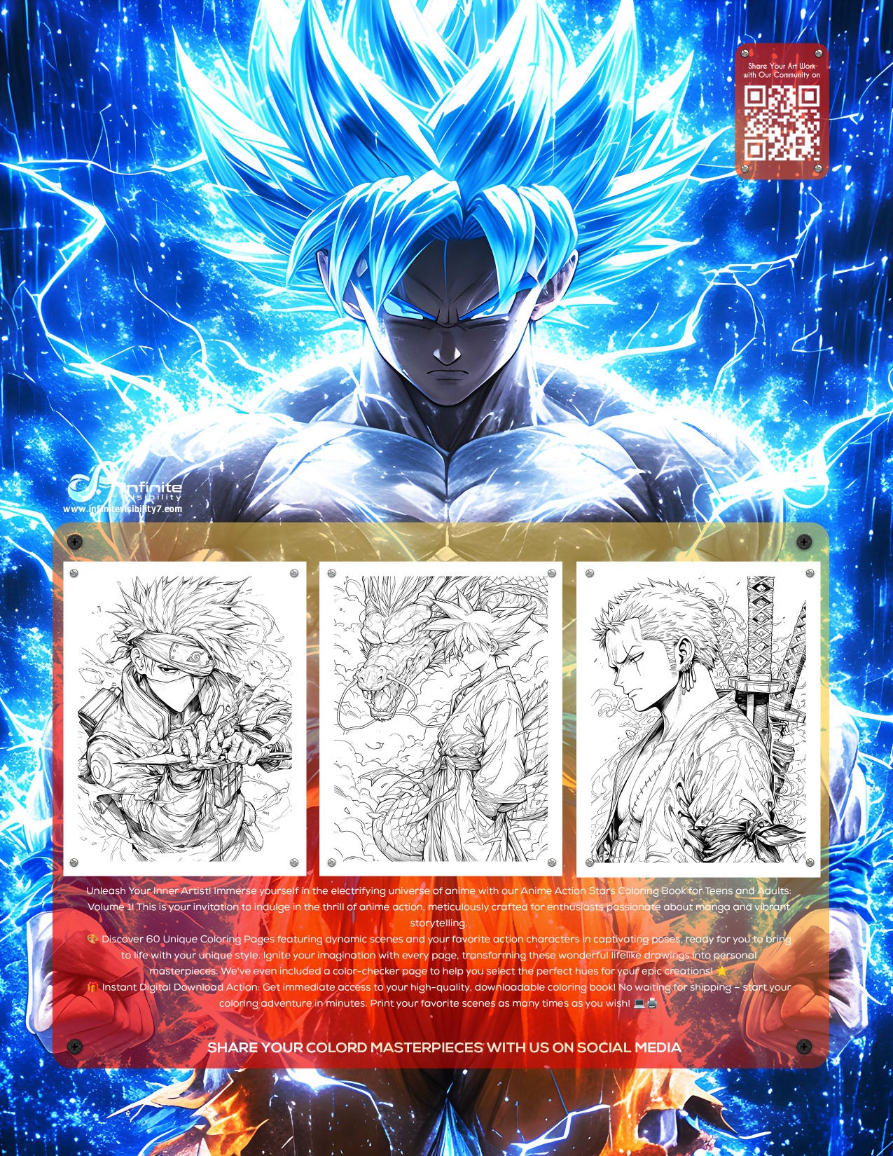 Anime Action Stars Coloring Book Vol 1 | 60 Pages | Teens & Adults | Instant Digital Download