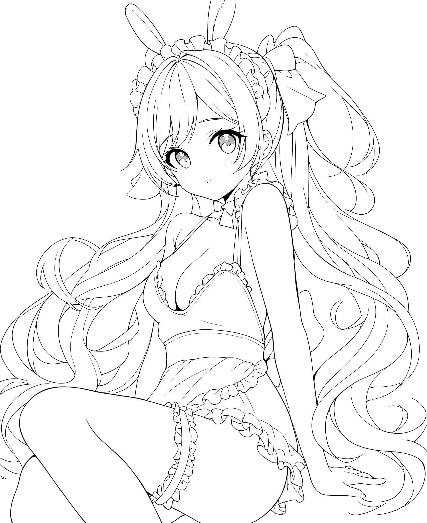 Alluring anime bunny girl waifu with long pigtails and bow, ruffled headband and bunny ears, seated in detailed frilly lingerie with a choker, blushing and smiling sweetly – coloring page digital download.