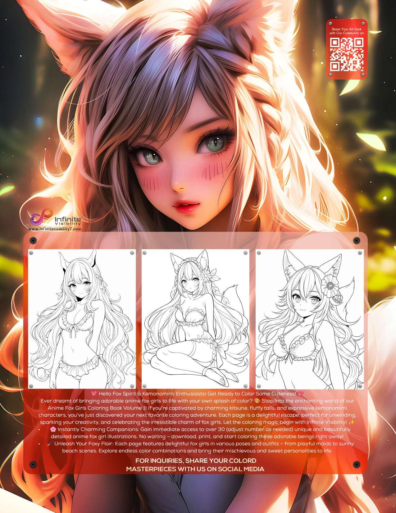 Printable Anime Fox Girls Coloring Book Vol 1 PDF download featuring cute kitsune and kemonomimi character art for adults and teens - Infinite Visibility