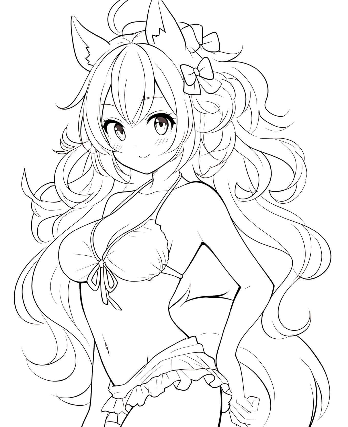 Cute anime fox girl in maid outfit with fluffy tail line art coloring page from Anime Fox Girls Coloring Book Volume 1