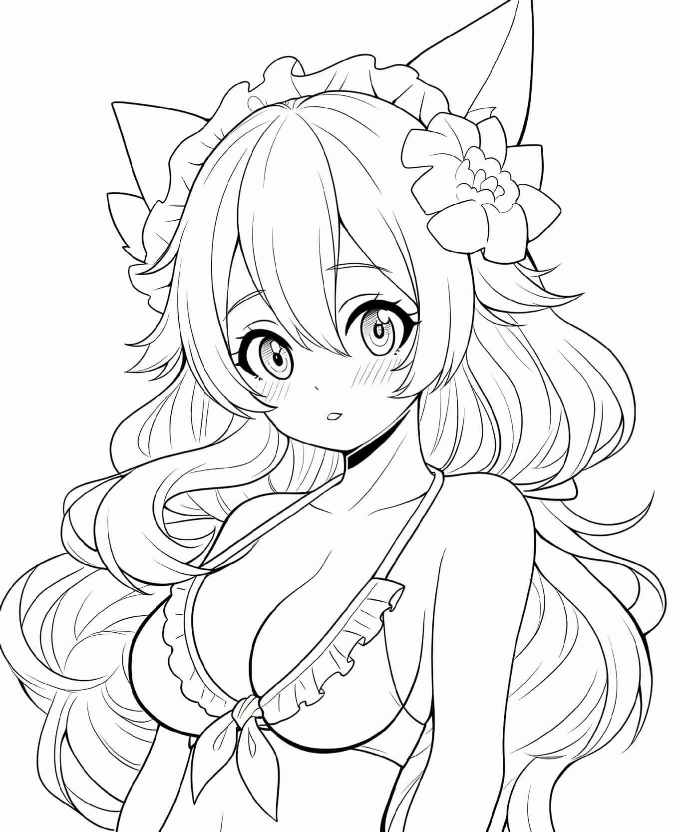 Happy anime fox girl in bikini on the beach with flower in hair line art coloring page from Anime Fox Girls Coloring Book Volume 1