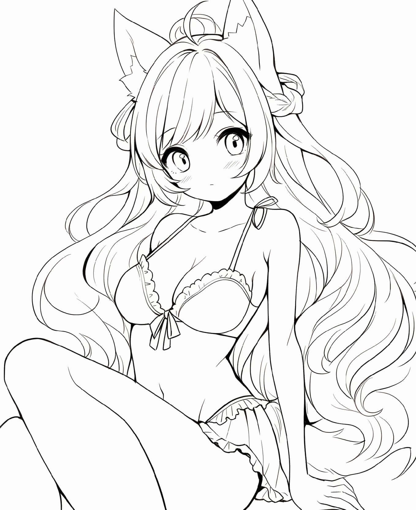 Adorable anime fox girl with long hair and tail in bikini line art coloring page from Anime Fox Girls Coloring Book Volume 1