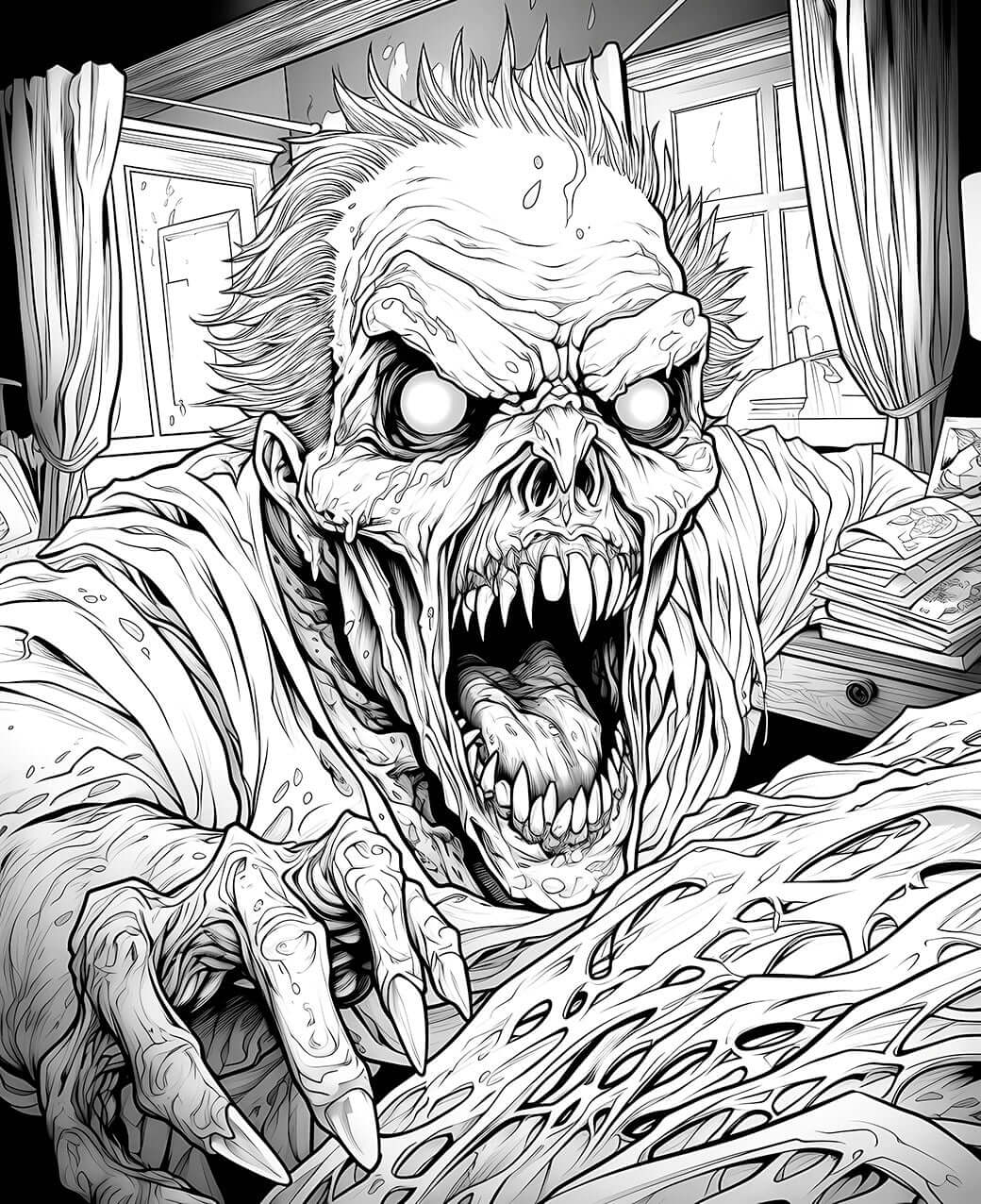 A detailed horror coloring page of a terrifying, wild-eyed zombie with spiky hair and sharp teeth, lunging over a bed or desk directly at the viewer inside a dark room.