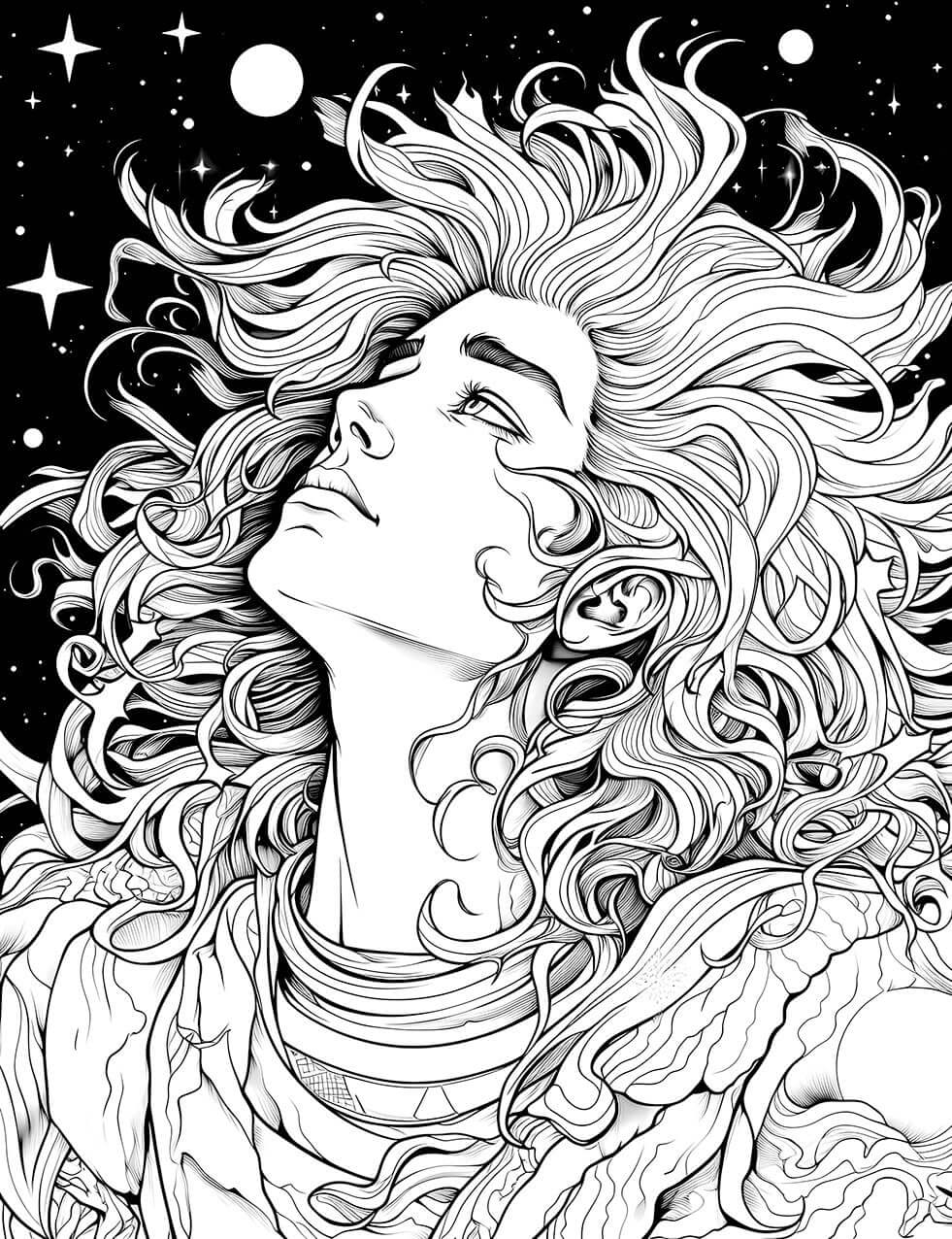 The Celestial Ascension Coloring Page, a dynamic black-and-white illustration of a figure with voluminous, curly hair looking up in rapture towards a starry night sky with planets.