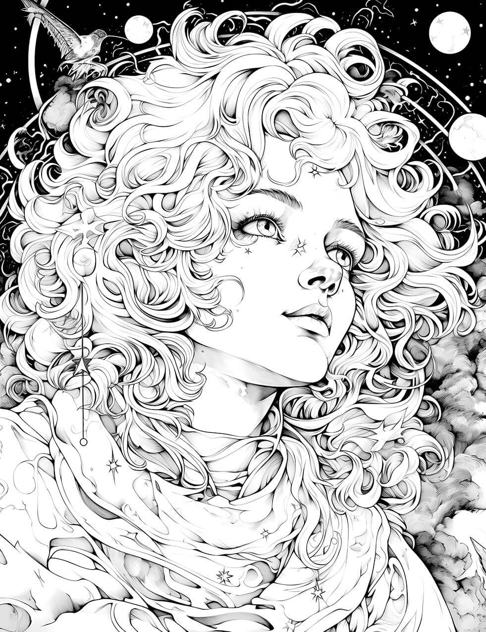 The Celestial Dreamer Coloring Page, a detailed black-and-white illustration of a beautiful person with voluminous curly hair looking up at a starry sky with moons and a bird.