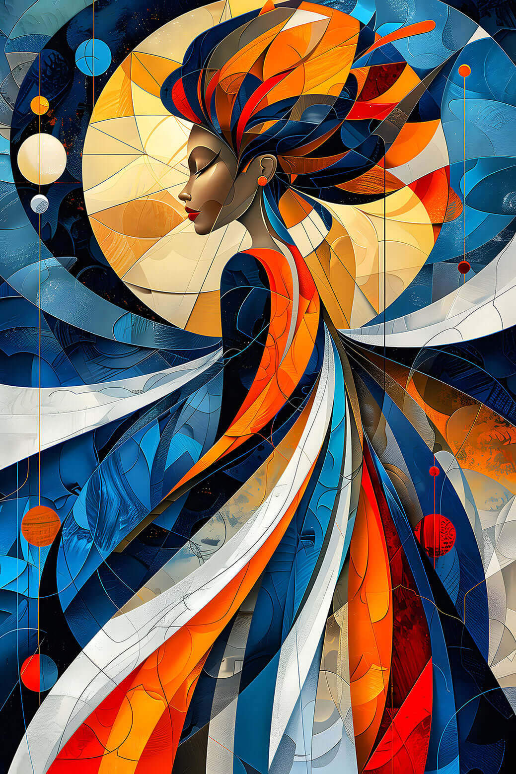 Celestial Goddess Art of a serene woman in profile, designed in a colorful modern stained glass or mosaic style, for instant download.