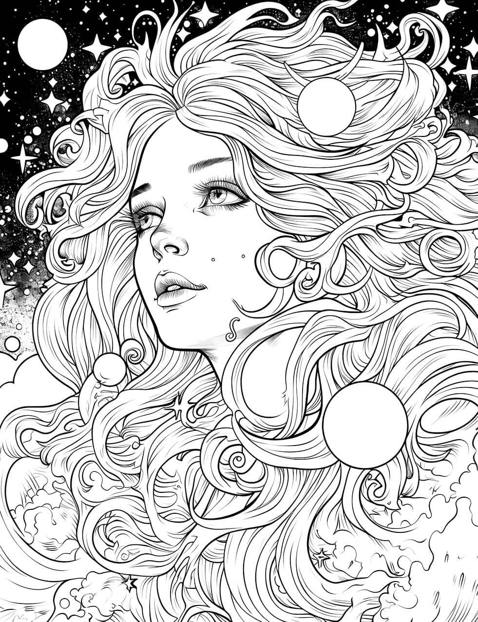 The Celestial Muse Coloring Page, a detailed black-and-white illustration of a beautiful woman's face with flowing, cosmic hair filled with swirling clouds, planets, and stars.