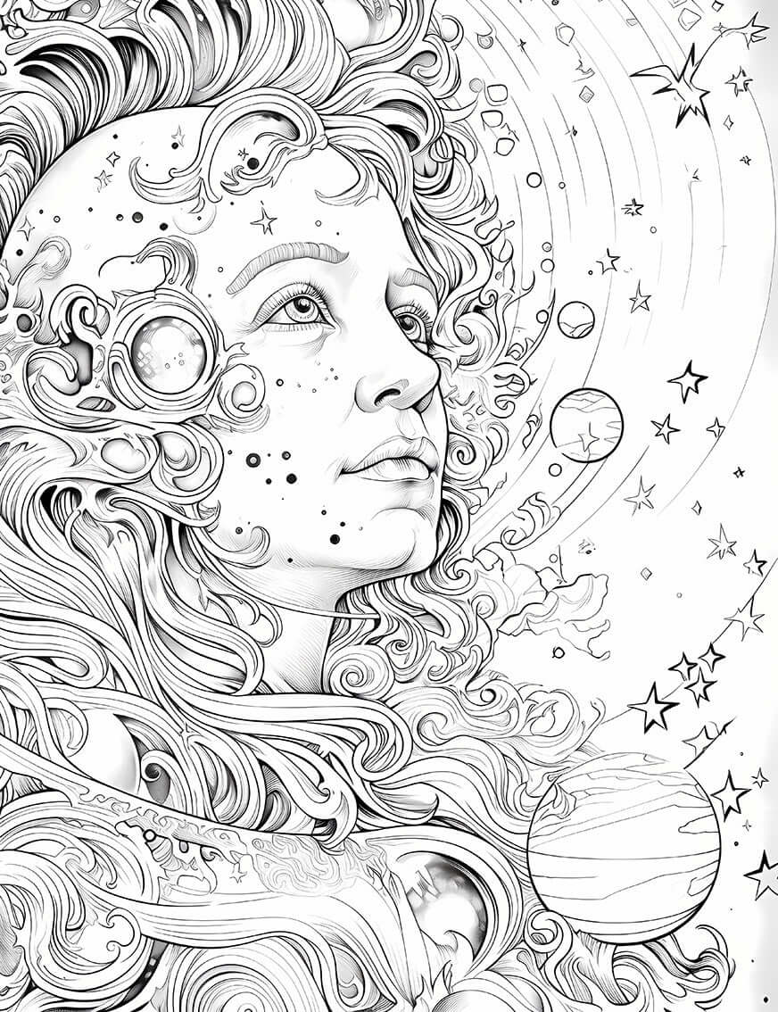 Intricate Celestial Navigator coloring page featuring a fantasy portrait of a woman gazing at the stars.