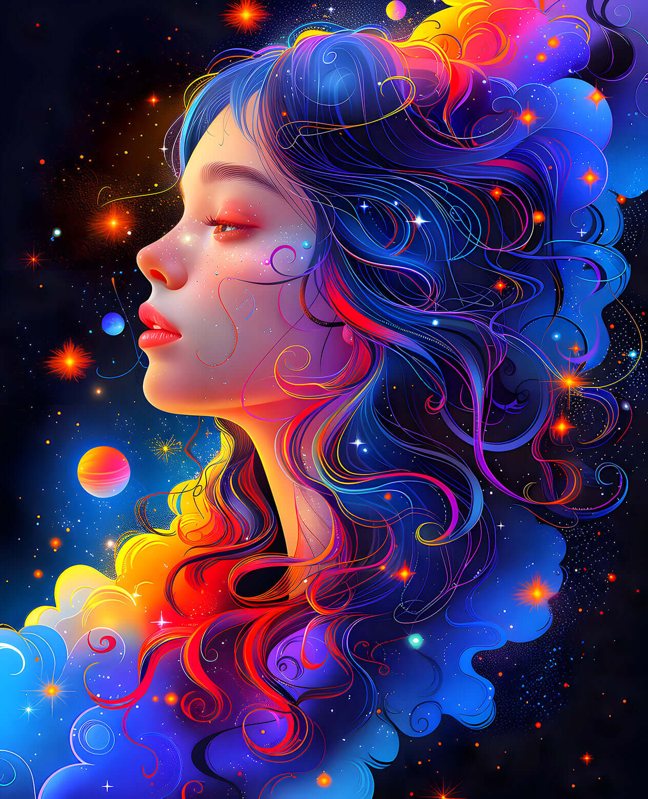 A vibrant Celestial Portrait of a beautiful woman in profile, whose flowing hair is a colorful galaxy of stars and planets.
