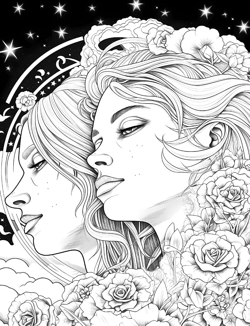 Celestial Reflections Coloring Page | Floral Cosmic Portrait Printable – Infinite Visibility