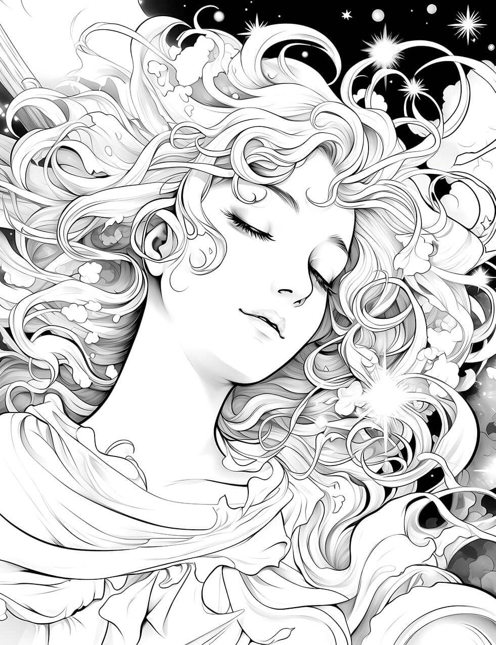 The Celestial Slumber Coloring Page featuring a beautiful, serene woman with eyes closed, her flowing, curly hair filled with stars and cosmic clouds, perfect for a relaxing and mindful coloring experience.